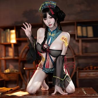 Ghost Cosplay Sexy Naughty Erotic Sexy Lingerie Chinese Style Little Devil Training Provocative Perverted Seductive Lace Ultra-thin Sheer Open Holes Crotch Opening Off-shoulder Babydoll