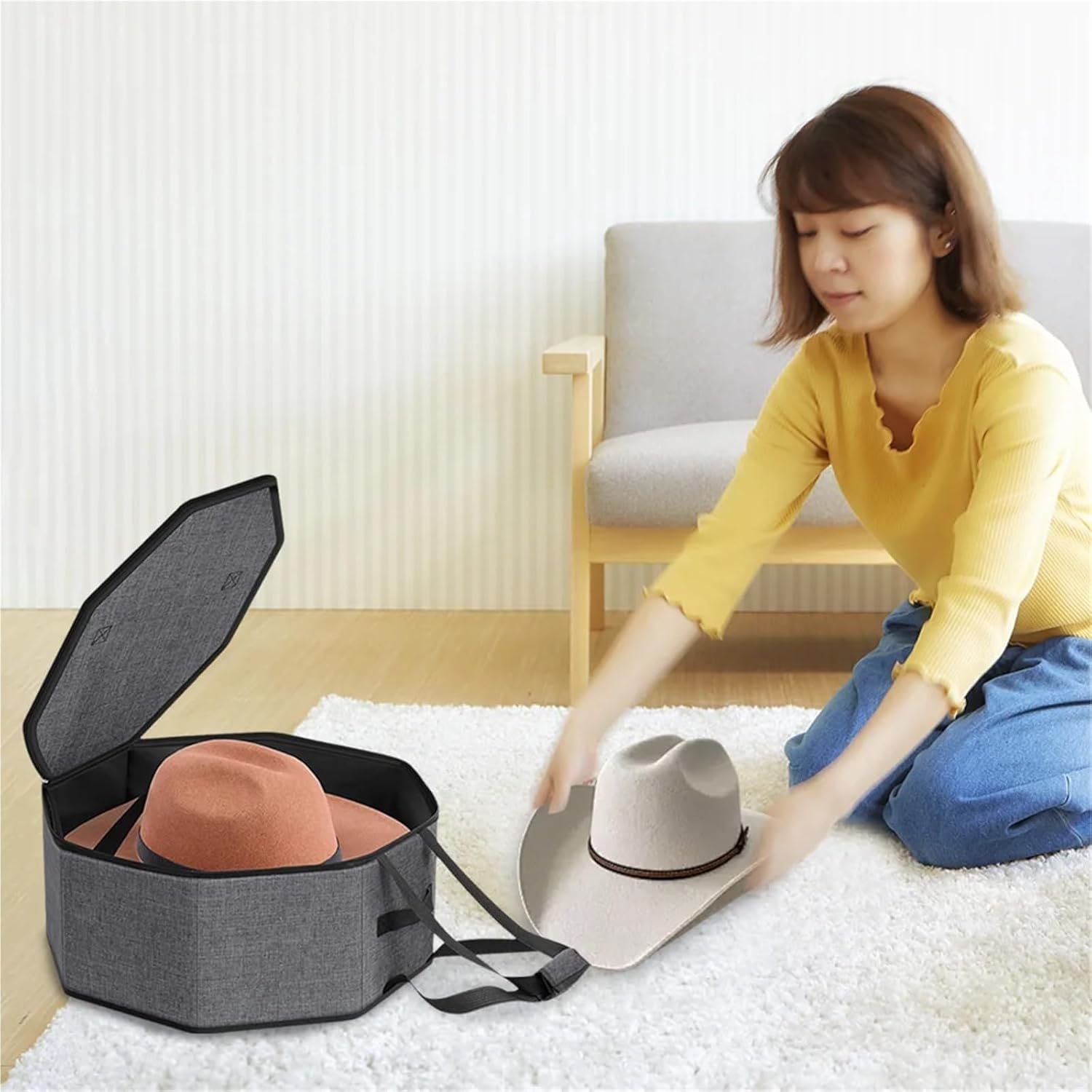Hat Box Foldable & Stackable Hat Storage Box, Organizer with Handle and Sturdy Frame(Black)