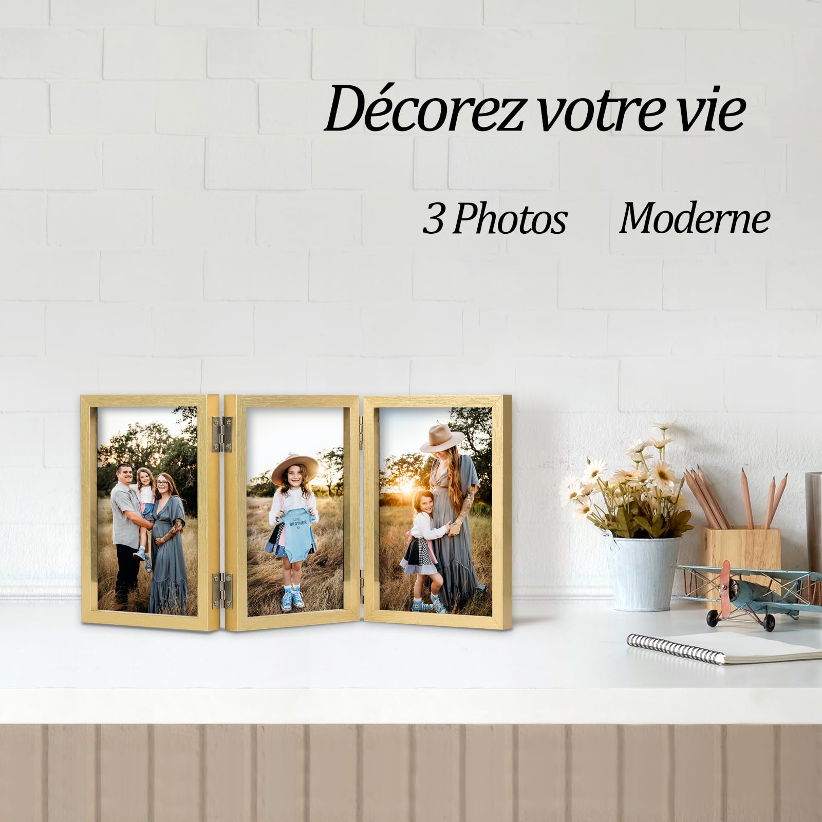 Cadre Photo Triple Pliable Pour 3 Photos 10x15 Cm – En MDF Marron Clair, Plaque Acrylique | Déco Salon Bureau Mariage - 5