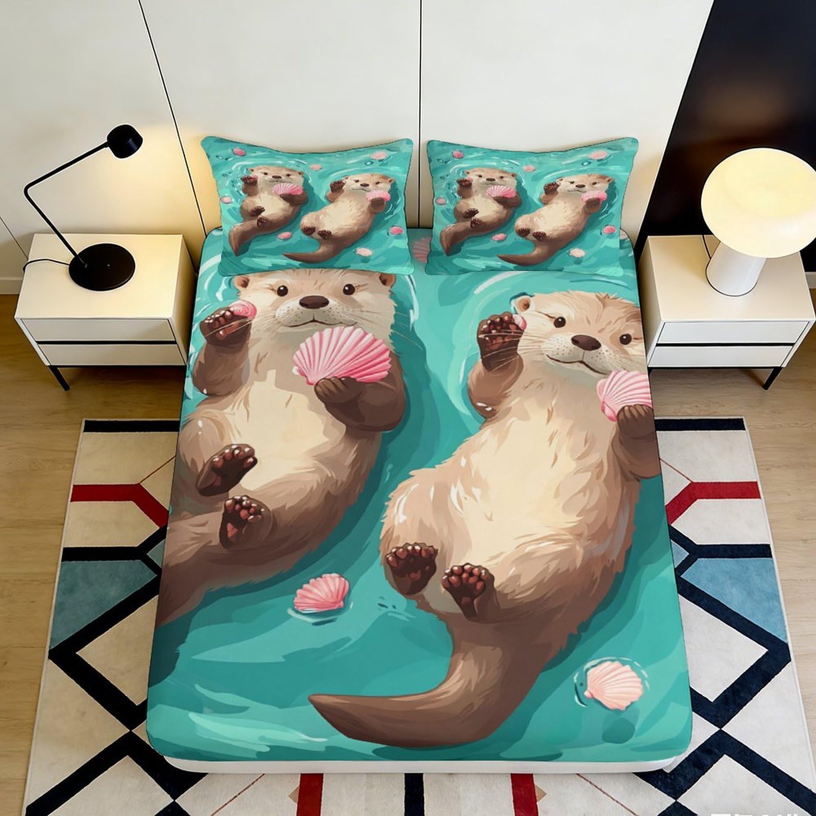 3D Printed Otter Cartoon Fitted Sheet Microfiber Deep Pocket Non-Slip Bedroom Bedding Otter Mattress Fitted Cover Full Wrap Washable 200x200x25cm