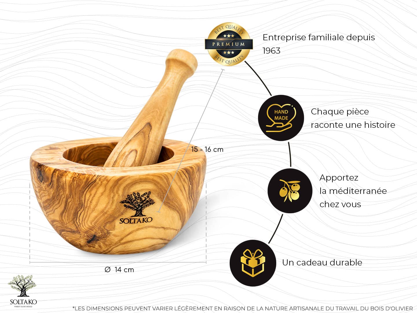 SOLTAKO Mortier et Pilon - Ensemble de Mortier et Pilon en Bois d'Olivier - Broyeur pour Poivre, Épices - Mortier Africain - Bois d'Olivier Tunisien - Cuisine Artisanale Ø env.14cm
