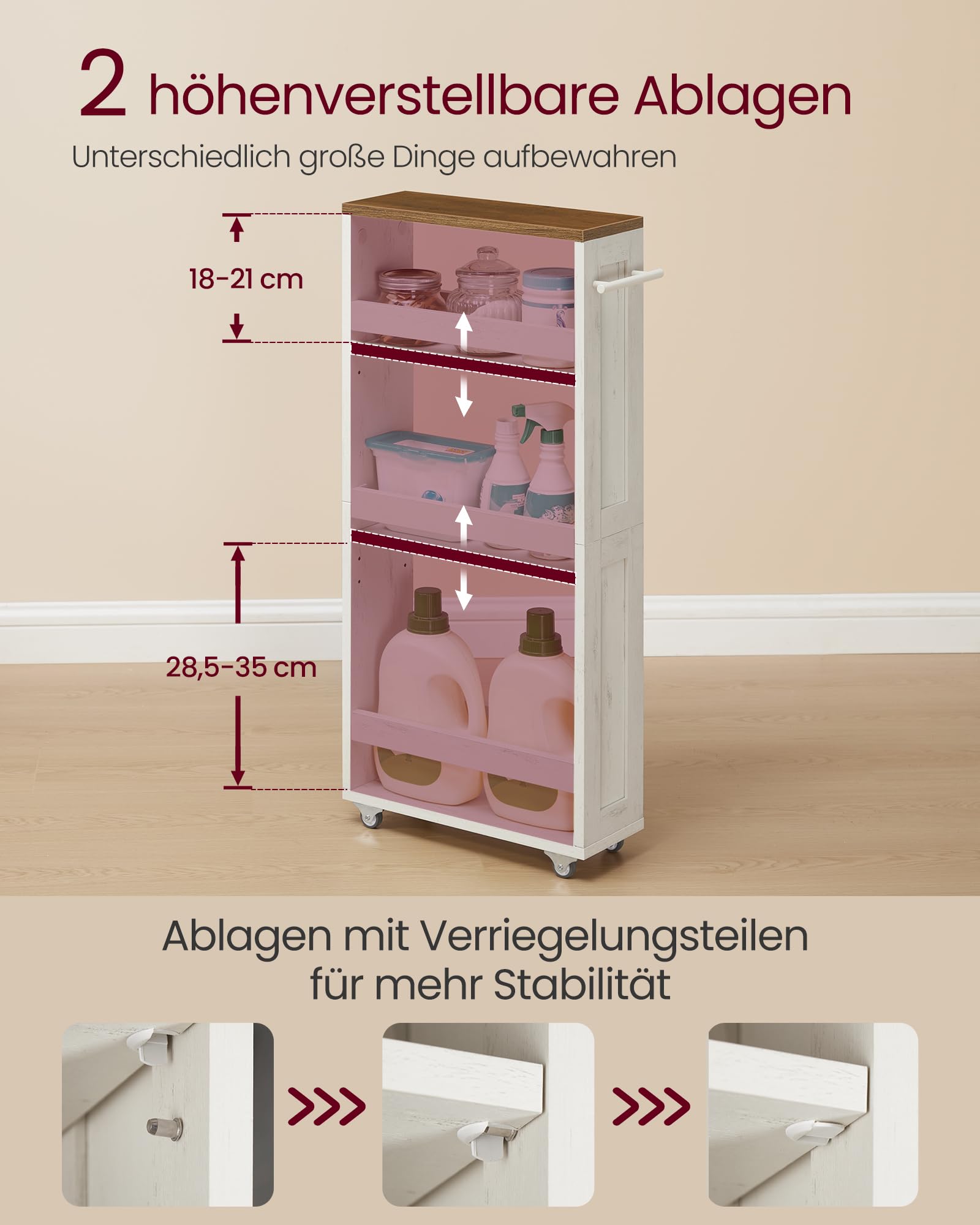 VASAGLE Rollwagen, Nischenregal aus Holz und Stahl, Schmaler Küchenwagen mit Rollen, Aufbewahrungswagen, 40 x 15 x 86,5 cm, Wolkenweiß und Erdbraun, für Küche, Bad, Siren Kollektion LRC050K01
