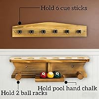 Vista 6 de Pumtus Soporte para palos de billar de montaje en pared, soporte de madera para 6 tacos de almacenamiento y 2 estantes de bolas, estante resistente