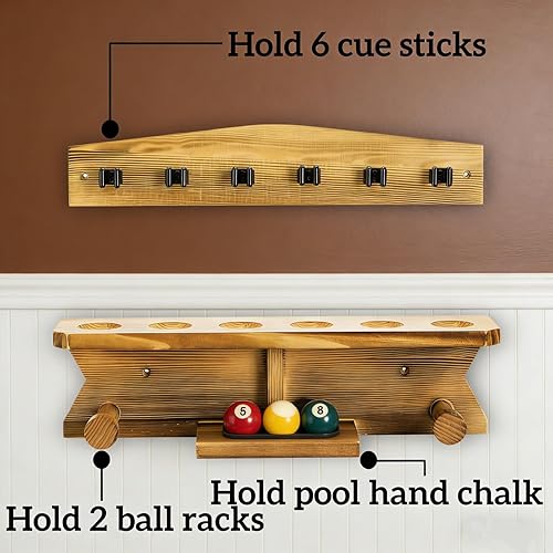 Miniatura 6 de Soporte de pared para palos de billar, soporte para tacos de billar de madera, con capacidad para 6 tacos y 2 estantes triangulares, estante