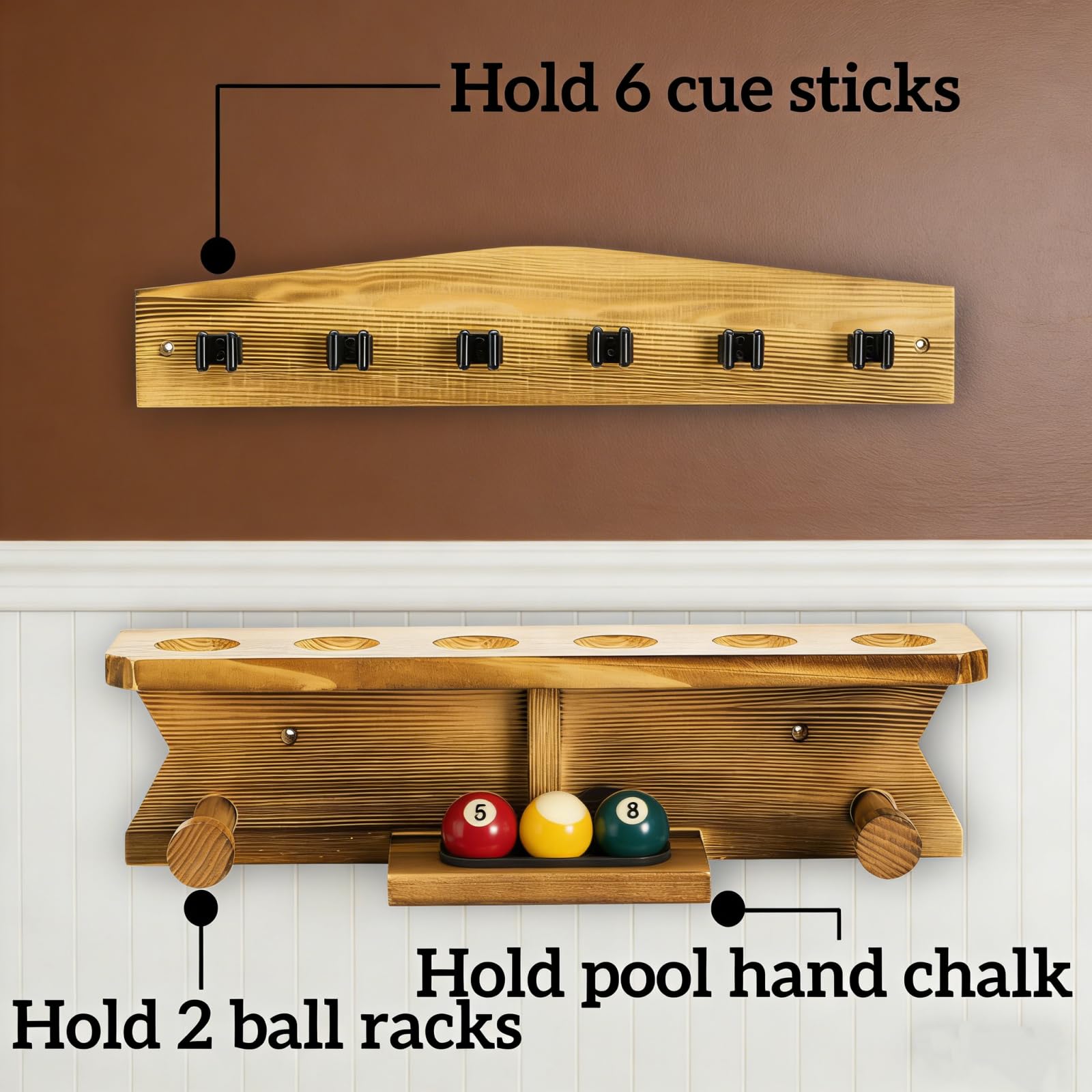 Pumtus Support mural pour queues de billard en bois, peut contenir 6 queues et 2 supports triangulaires, support de queue de billard robuste, support mural pour bâtons de billard, organisateur