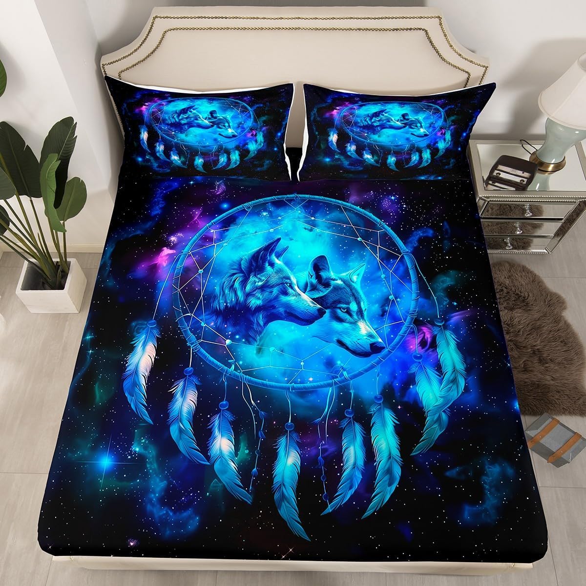 3D Wolf Bed Sheets Twin Size,Dream Catcher Bedding Set 3Pcs for Kids Girls Boys Teens Room Decor,Starry Sky Galaxy Fitted Sheet Trippy Tribal Style Top Flat Sheet,1 Pillowcase