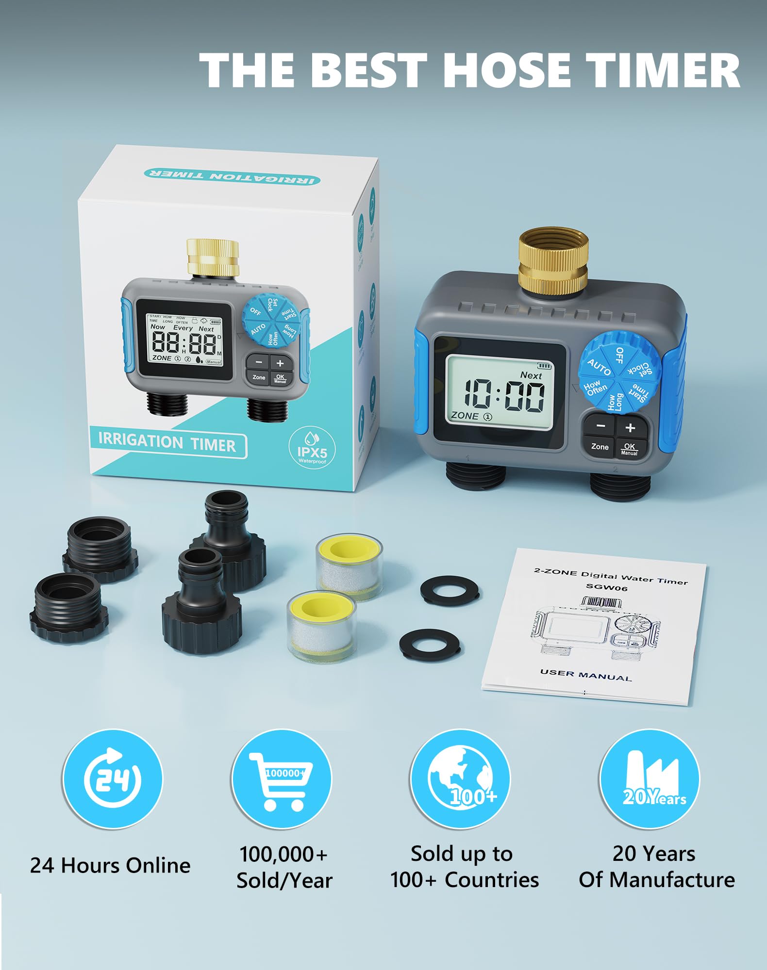 Timer irrigatore con rotazione in ottone, timer per tubo a 2 zone per irrigazione, timer digitale per irrigazione con ritardo pioggia e modalità manuale, sistema di irrigazione automatico per