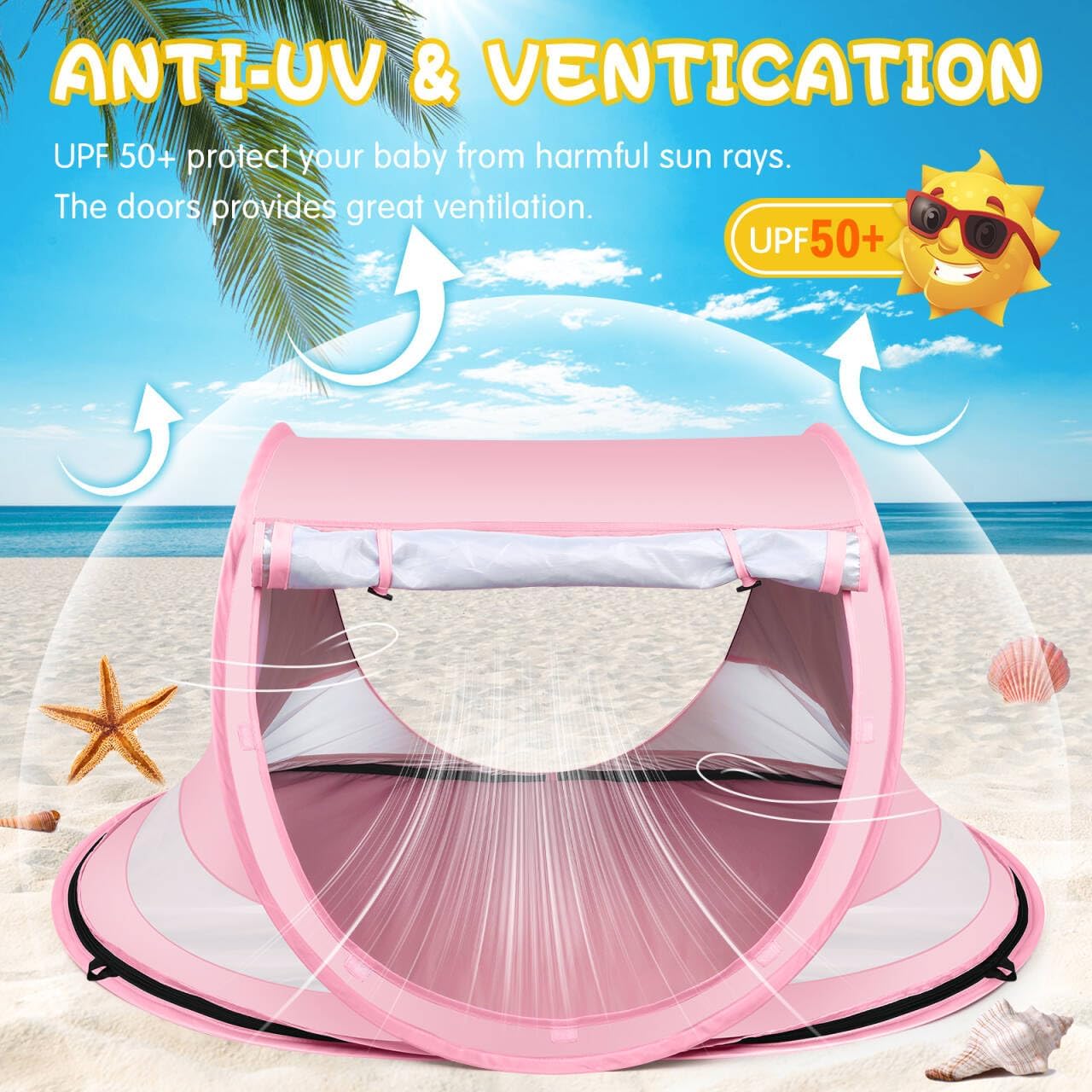 Baby Beach Tent,Large Pop Up Beach Tent Sun Shade for Beach,Portable Baby Travel Tent with Mosquito Net,Indoor Baby Play Tent,UPF 50+ UV Protection Sun Shelters for Infants