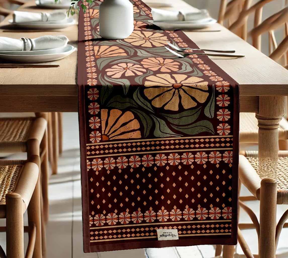 Handcrafted Double Layer Cotton Table Runner - Vargottam Fabric Table Linen with Border - Machine Washable, Stylish Runner for Dining & Console Tables - Floral