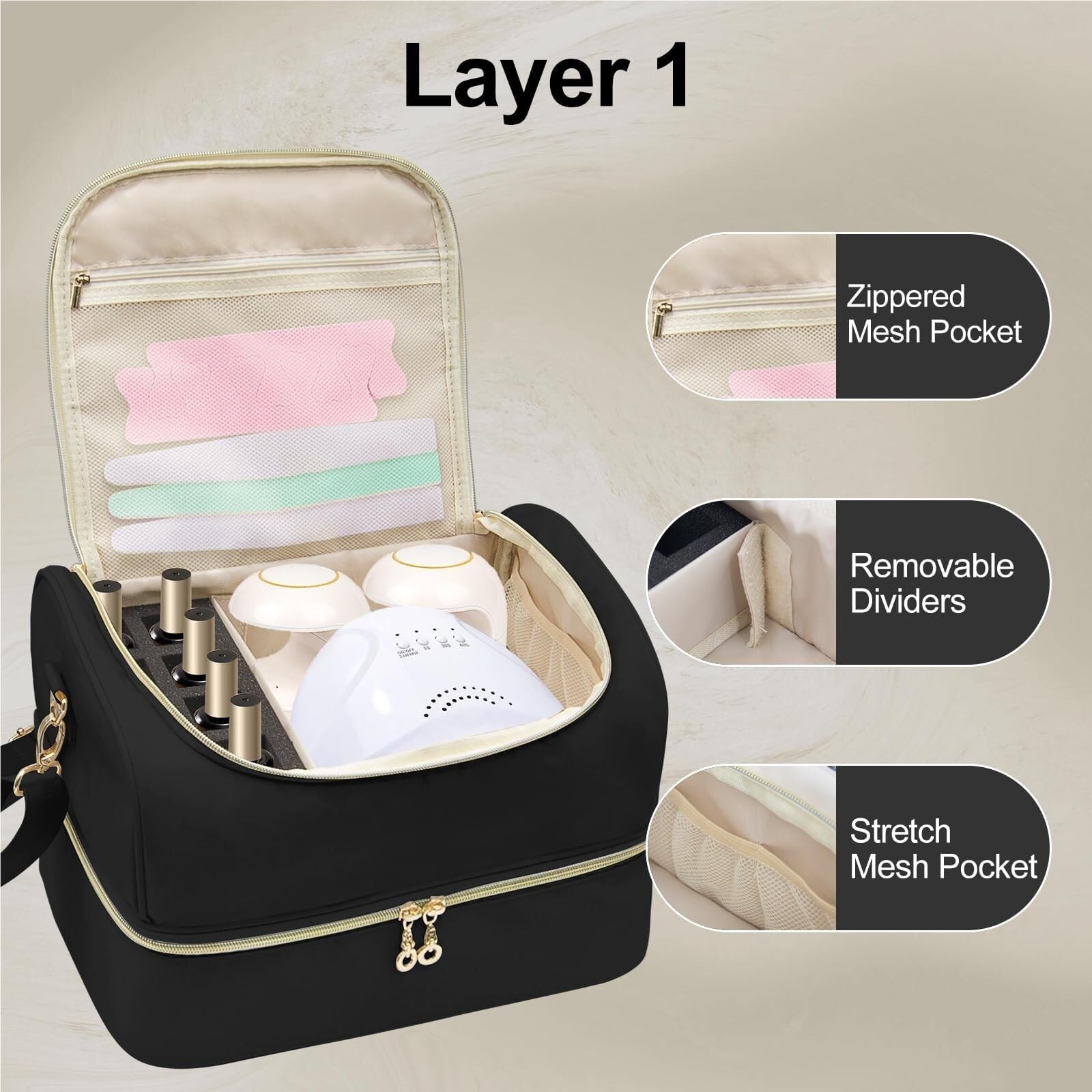 Organizer do Lakieru, Dwuwarstwowa Torba-organizer Na Przybory Do Paznokci, Pudełko Przechowywania 45 Butelek Beauty Makeup Case(Black)