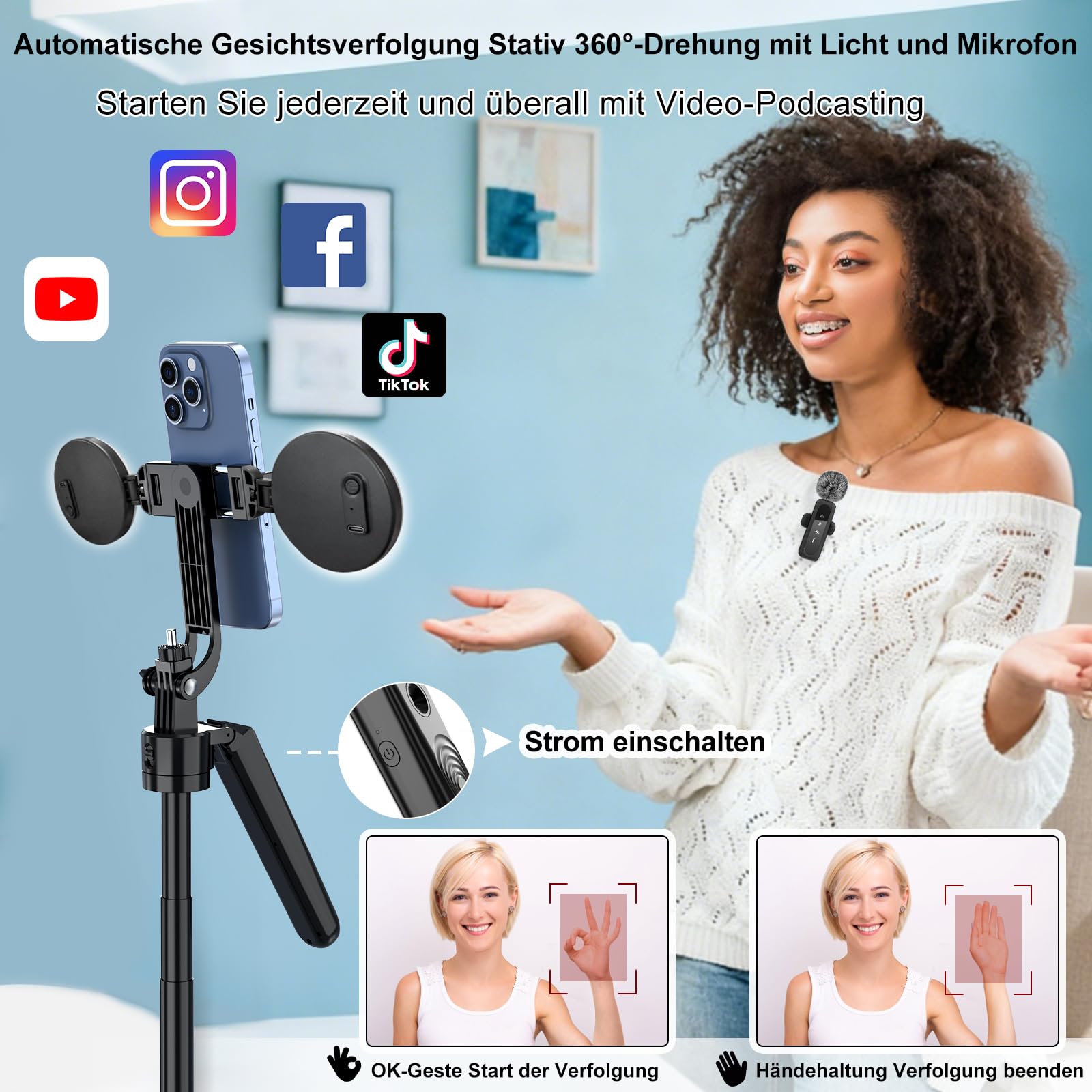 Handy Stativ Vlogging-Kit,180cm Selfie Stick,360° Drehung Automatische Gesichtsverfolgung Stativ für iPhone mit Licht, Kabellosem Mikrofon und Fernbedienung,Tiktok/YouTube Starter-Kit