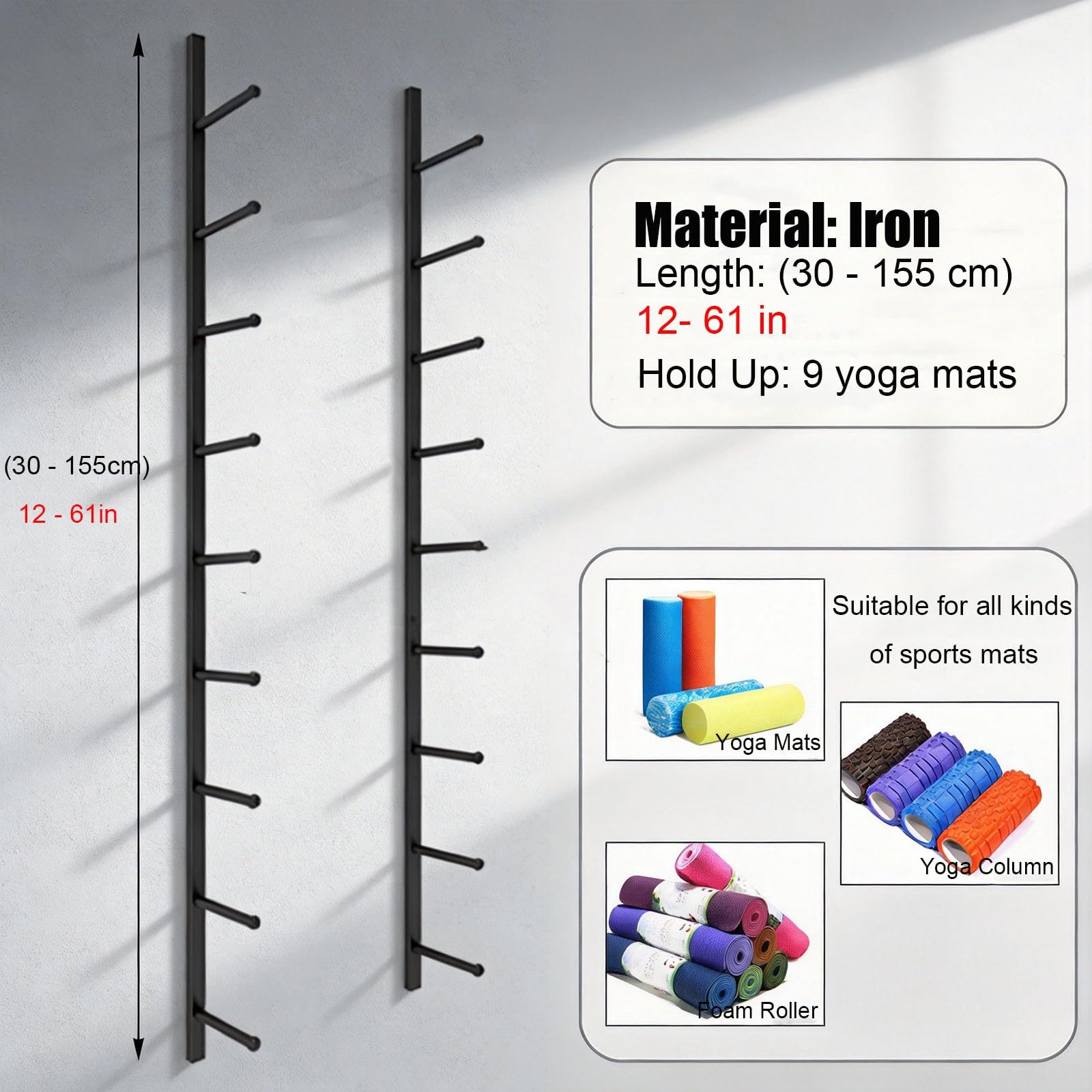 Organizador de almacenamiento para esterilla de yoga, estante montado en la pared para equipo de entrenamiento, rodillos de espuma y accesorios de fitness, diseño que ahorra espacio para equipos de