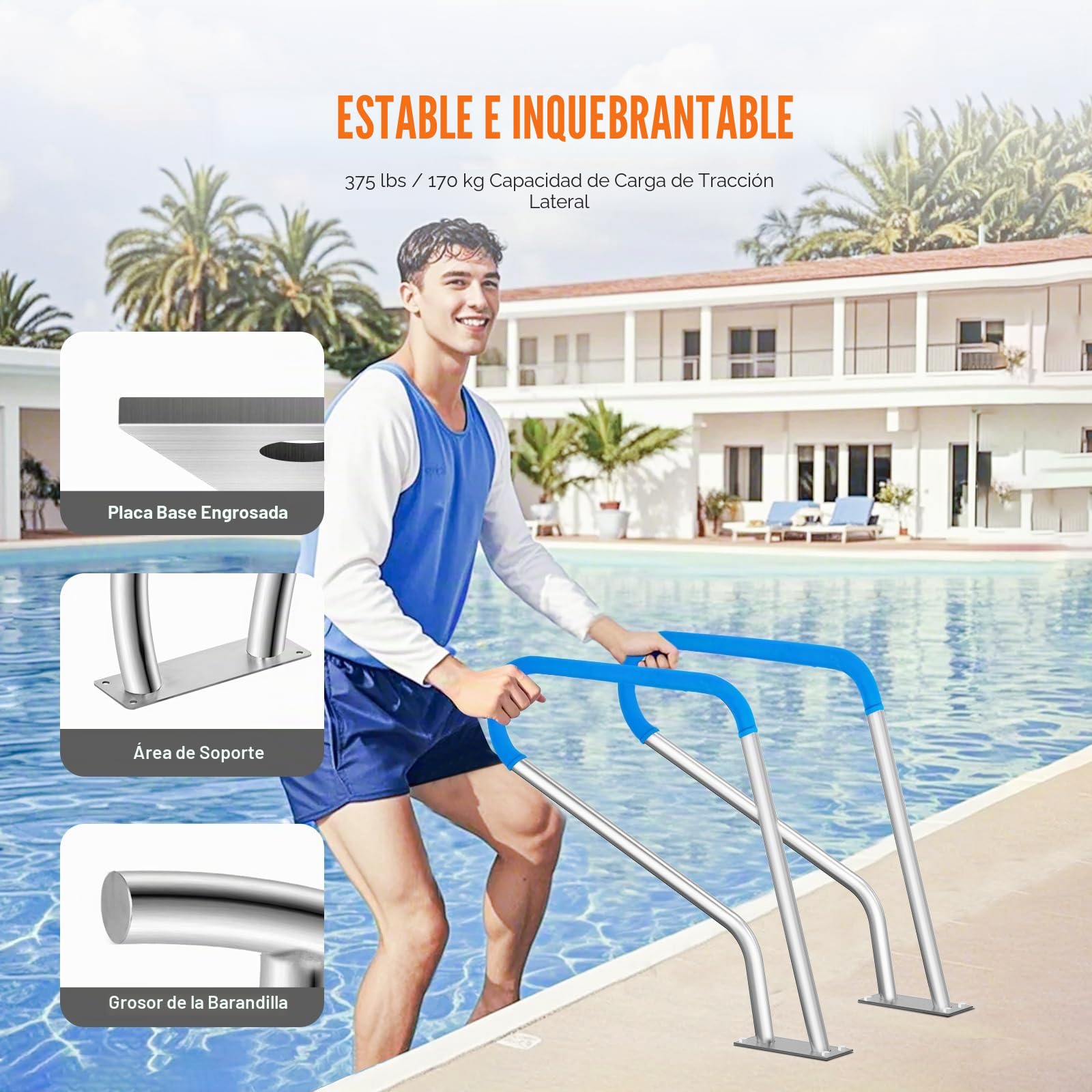 VEVOR Barandilla para Piscina 990 x 100 x 812 mm, Pasamanos para Piscina de Acero Inoxidable con Placa Base Barra de Seguridad Antioxidante para Piscinas, Interiores, Exteriores, Terrazas, Spas
