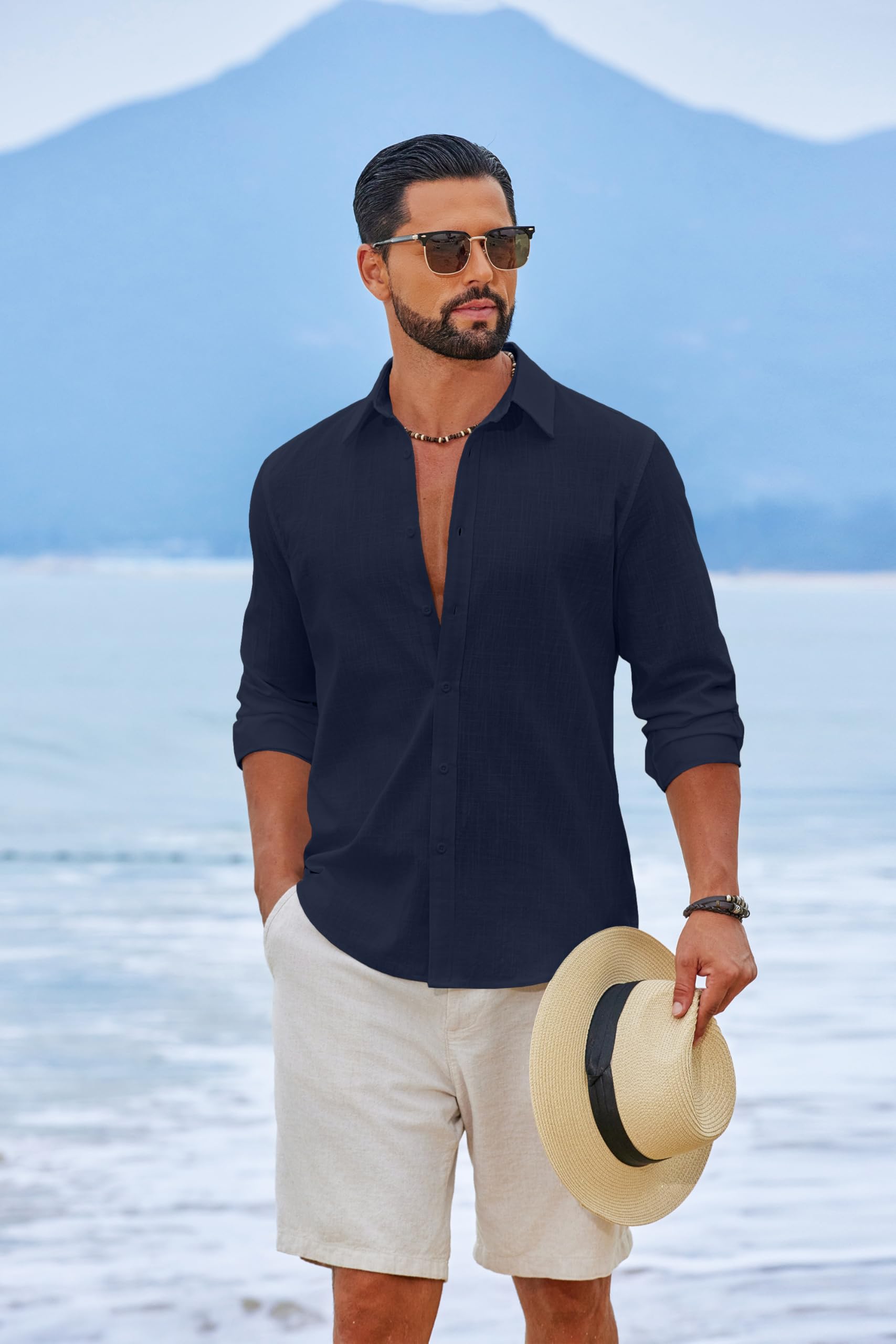 COOFANDY Camicia da Uomo a Maniche Lunghe in Cotone Camicia Casual Estiva Camicia da Spiaggia Leggera per Le Vacanze e i Matrimoni