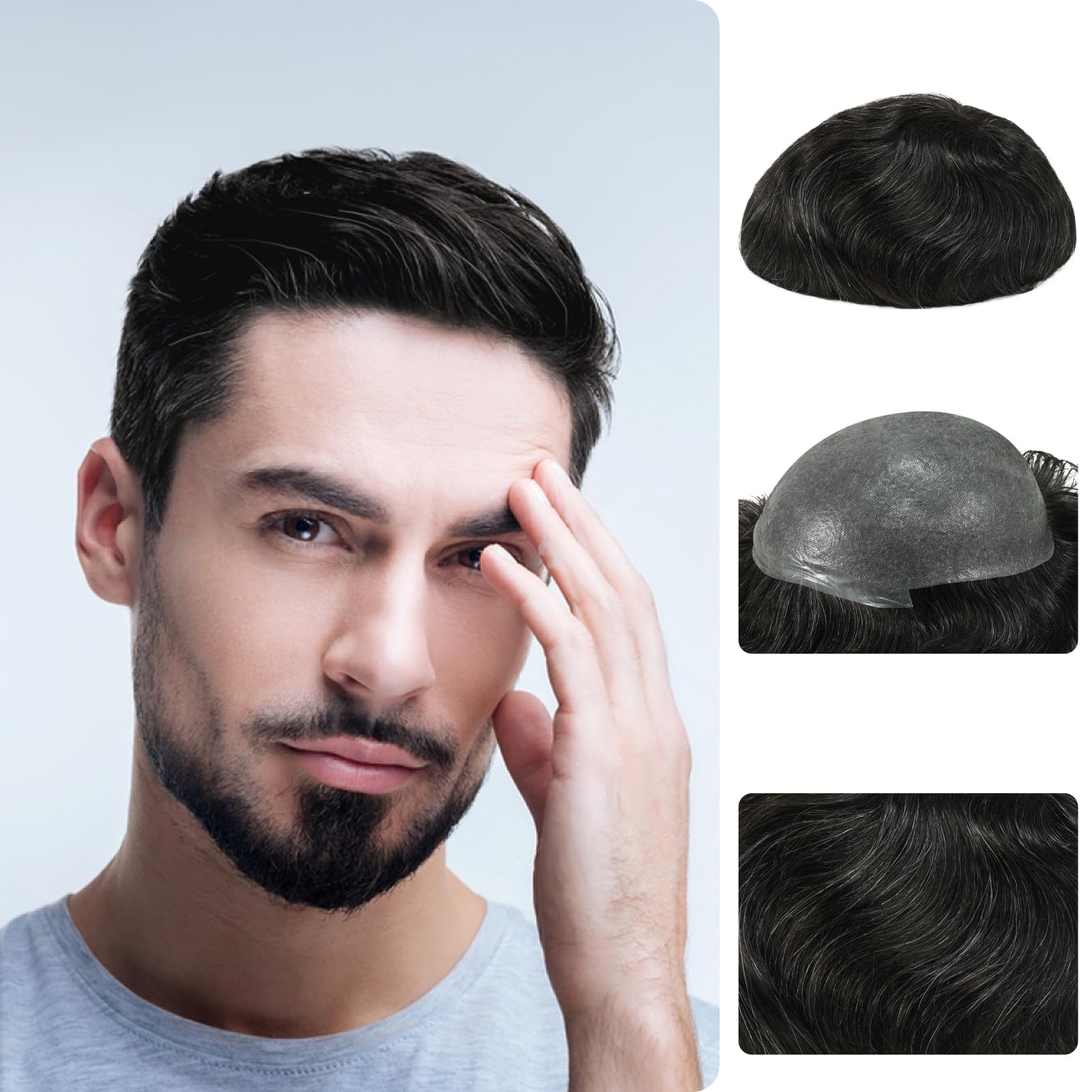 Zakya Hair System for Men Real Human Hair All V-Looped Mens Toupee  Thin Skin Base Hairpiece for Men Size 8x10 Inches Off Black +20% Grey Hair