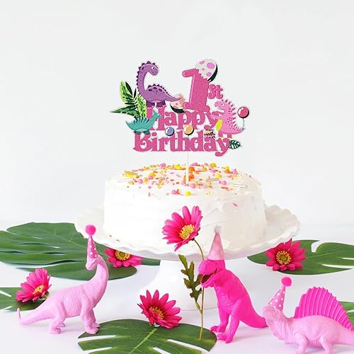 Miniatura 3 de Decoración para pastel de 1er cumpleaños de dinosaurio rosa, princesa real número 1 para tartas de dinosaurio, temática de dinosaurio, baby shower,
