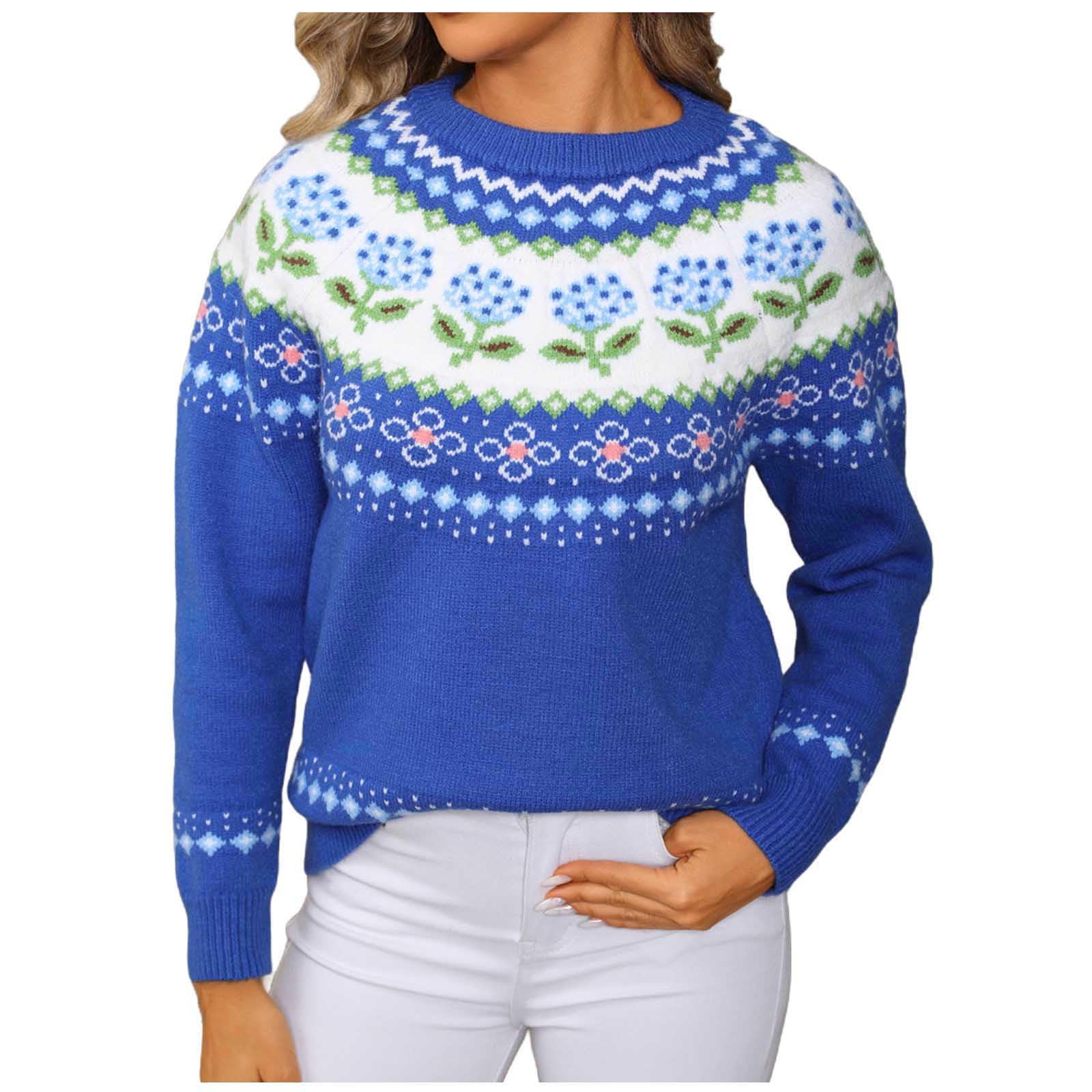 Womens Casual Crew Neck Ribbed Sweater Pullover Fall Long Sleeve Print Fair Isle Sweater Top Casual Loose Sweater