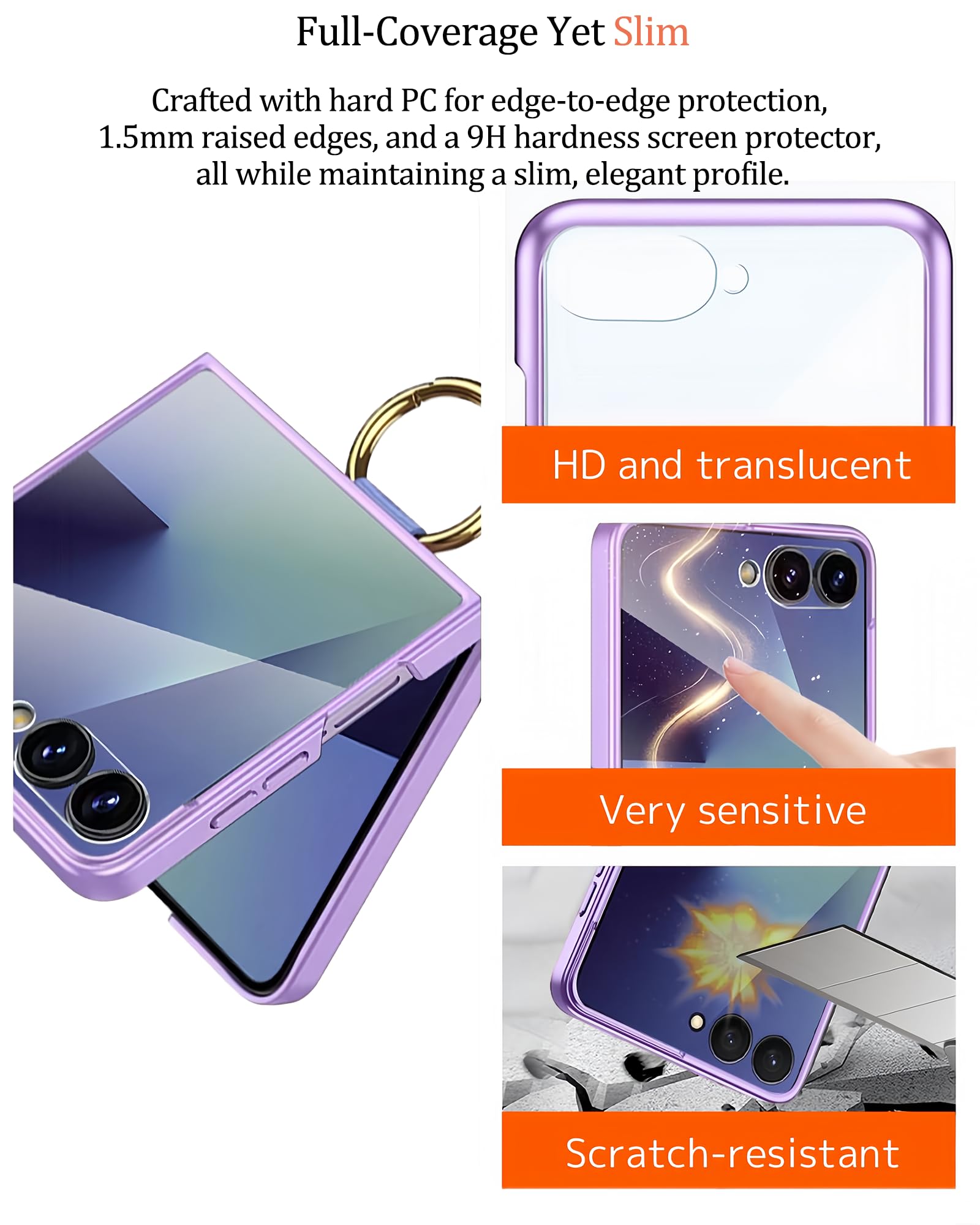 Compatible with Samsung Galaxy Z Flip 7 Custodia con Laccio da Polso, 9H Protettore Schermo Antishock Sottile Custodia Protettiva con Anello per Dito - Viola