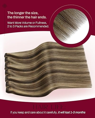 Miniatura 3 de Moresoo - Extensiones de cabello humano real cosidas, extensiones de cabello humano Remy con doble trama, color marrón oscuro con rubio caramelo, 22