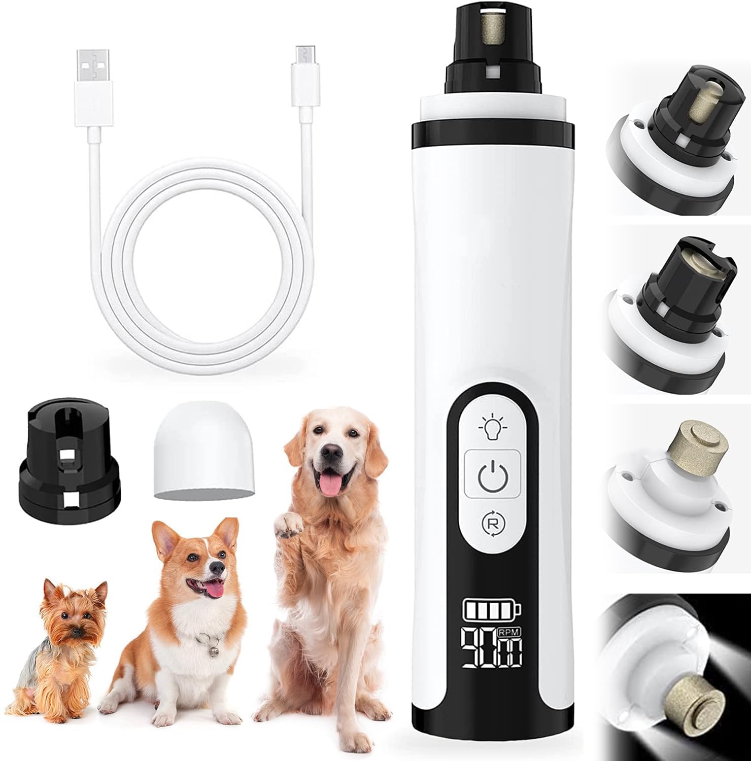 FC22 Dog Nail Grinder with 2 LED Light,3-Speed Electric Pet Nail Trimmer Cordless Rechargeable Grooming Tool File, Painless & Quiet Paws Smoothing