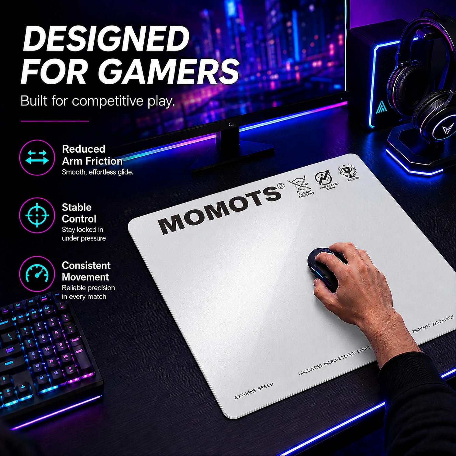 Tempered Glass Gaming Mouse Pad, Micro-Etched Hard Surface for Fast Glide & FPS, 4mm Anti-Slip Silicone Base, Includes PTFE Skates & Kit, 13.8" x 11.8" / 350mm x 300mm Medium, White image 2