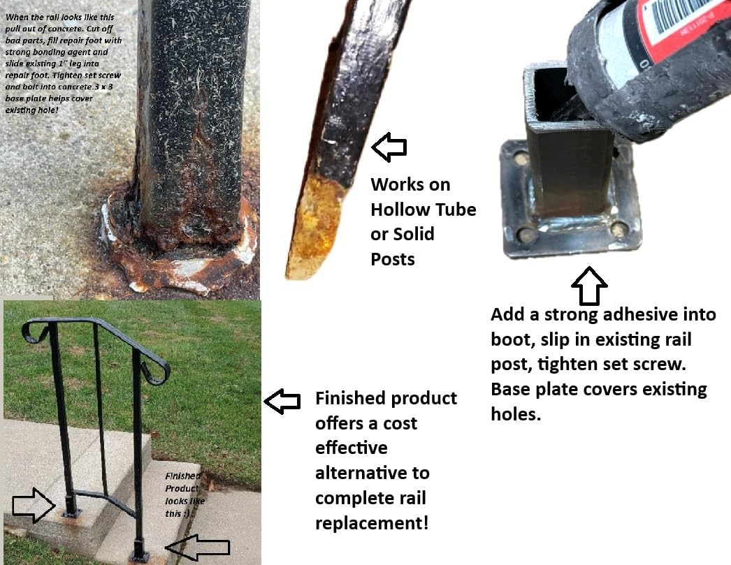 Rusty Metal Step Railing Posts Rail Base Anvil 4" Post Repair Mount No Welding Boot Broke Rails-Slip-Fit Handrail Bracket fits 1" Square Hollow Tube or Solid Steel Post Black Paint w/Bolts