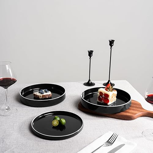 Miniatura 10 de famiware Nebula - Tazones de pasta para 4, juegos de ensaladas de 8.75 pulgadas, cuencos grandes y anchos para servir la cena, color negro con borde