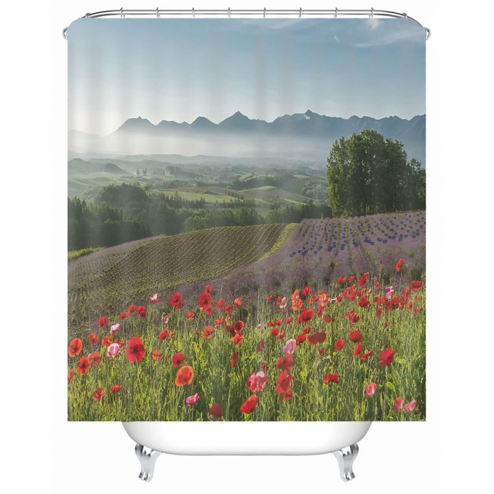 Rideau de douche vert paysage de montagne sauvage floral en polyester