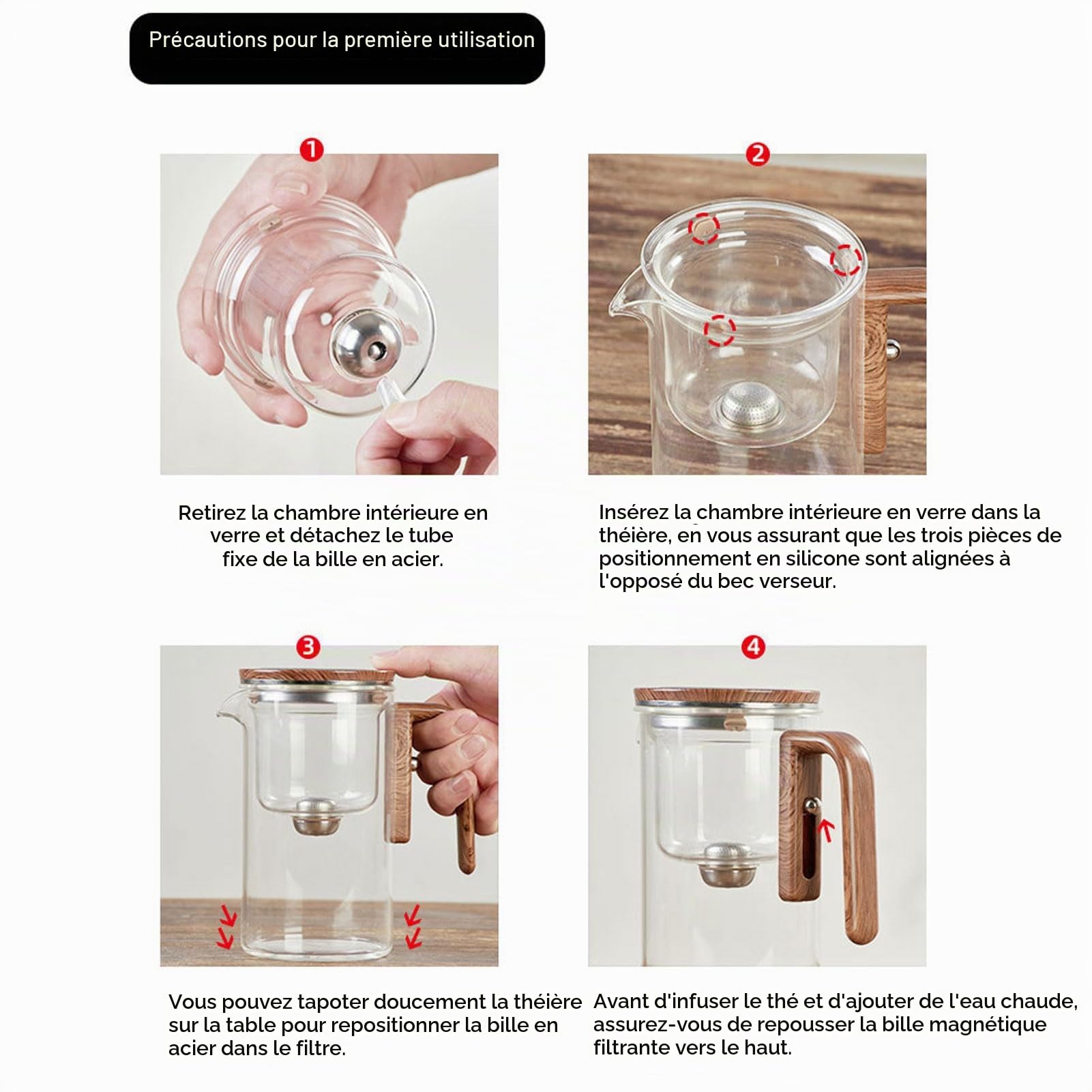 Théière, Théière en Verre de Séparation D'eau de 800 Ml avec Infuseur, Poignée en Bois, Interrupteur Magnétique, Théière en Verre Transparente, Bouilloire à thé pour la Maison