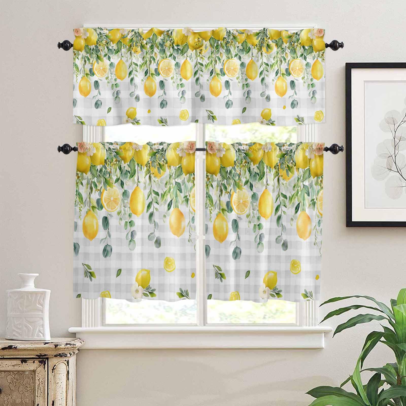 Watercolor Eucalyptus Kitchen Curtains 36 Inch Length,3 Piece Rod Pocket Small Half Tiers and Valance Set,Gray Plaid Flower Sweeping Leaf Small Large Window Treatment Decor for Bedroom/Bathroom Sink