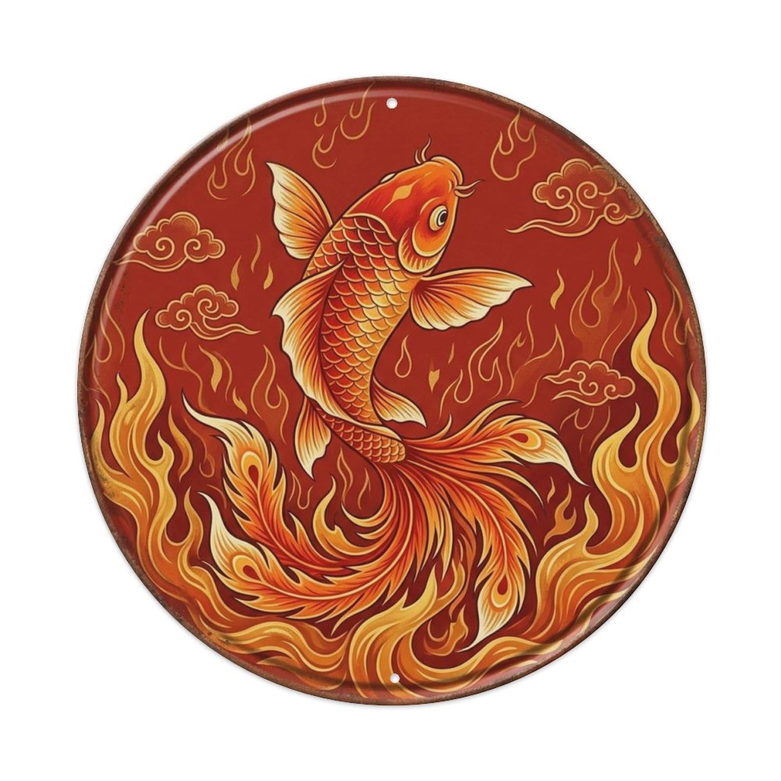Koi Carp Cinnabar Phoenix Rising Japanese Zen Pond Harmony Metal Tin Sign Plaque Wall Decor for Cafe, Man Cave, Club Bar, Office, Home Garden Round Metal Poster 8x8Inch