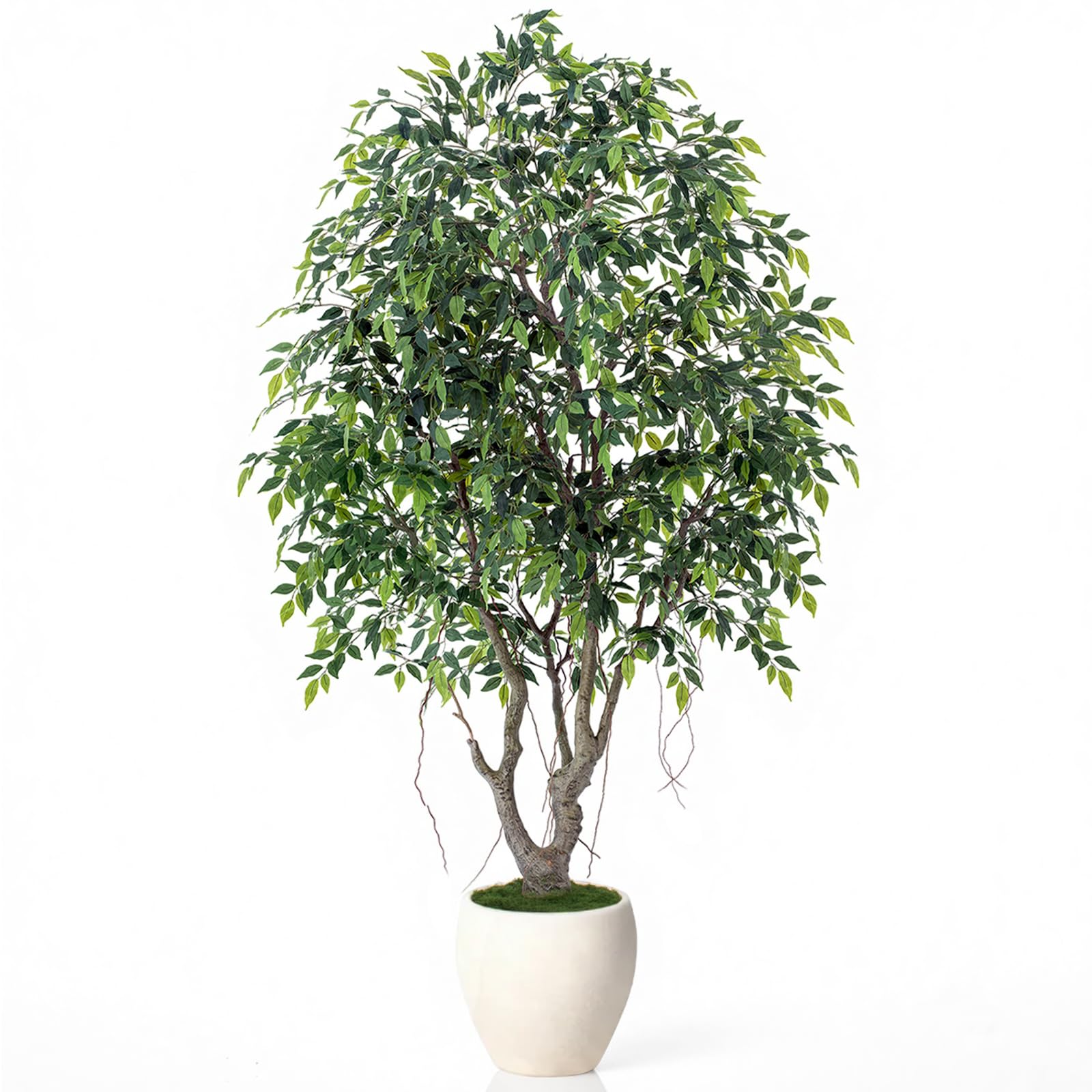 Keeplush 8ft Luxury Ficus Artificial Trees with Natural Curved Trunks, 96" Tall Lush Faux Banyan Tree in Round Artisan Planter for Home Decor Indoor,