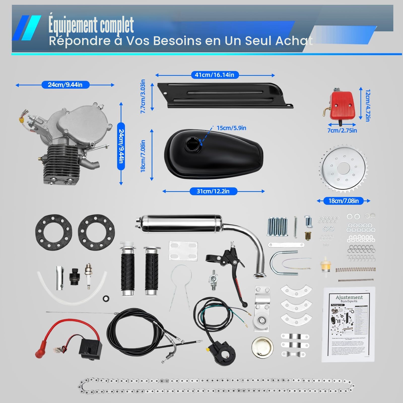 Kit Moteur Vélo 100cc, Motorisé Essence 2 Temps 100CC Gaz Moteur Motorisé Kit, 44 Dents Gaz Moteur Motorisé Kit, Motorisé Essence Capacité de Charge de 200 kg Con Carburé