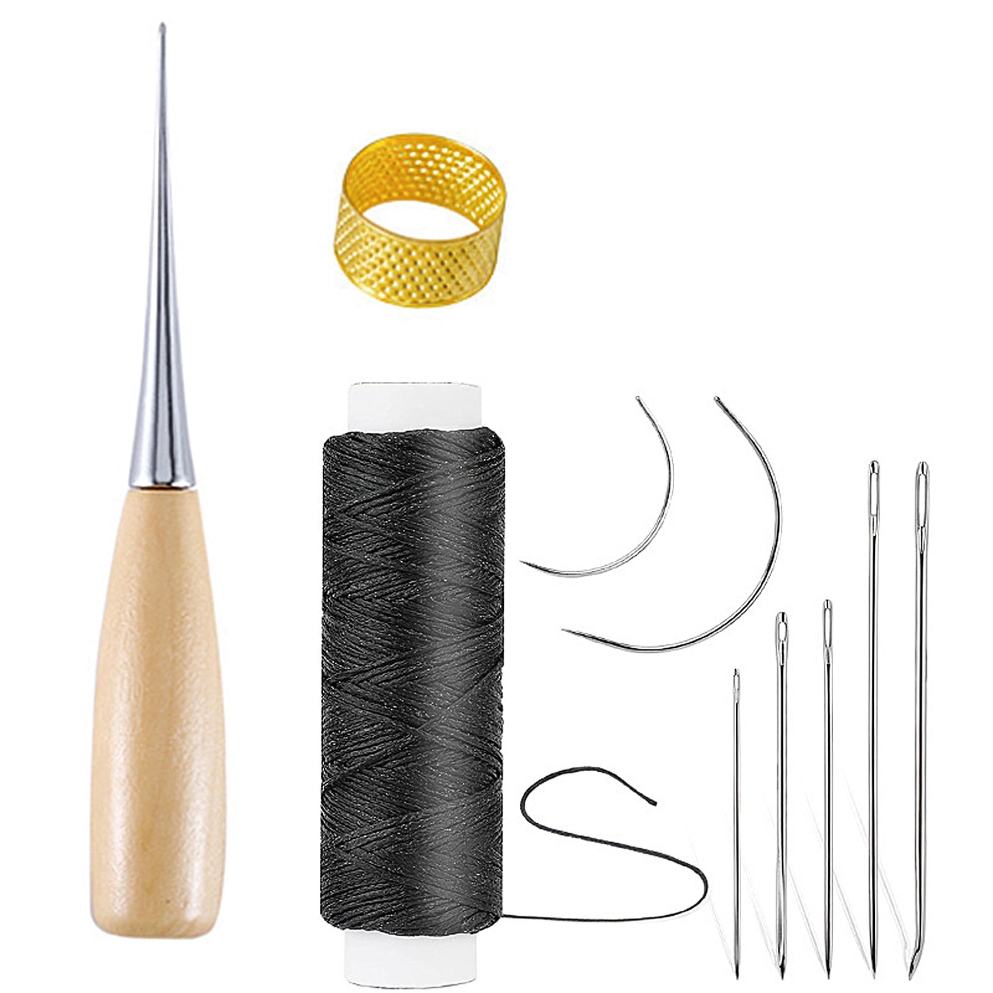 Hrlork Silver 10 Pcs Curved Upholstery Leather Needle Hand Sewing Kit With Waxed Thread, Drilling Awl And Thimble For Leather Repair And Diy Crafts