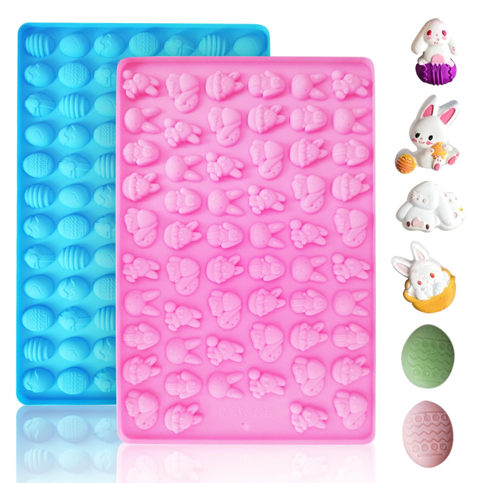 Ecerangus 2 PCS Easter Silicone Molds, 58 Cavity Easter Egg & 83 Cavity Rabbit Bunny Mini Silicone Molds for Baking Gummy, Candy, Chocolate, Cookie, Jelly, Dog Treats