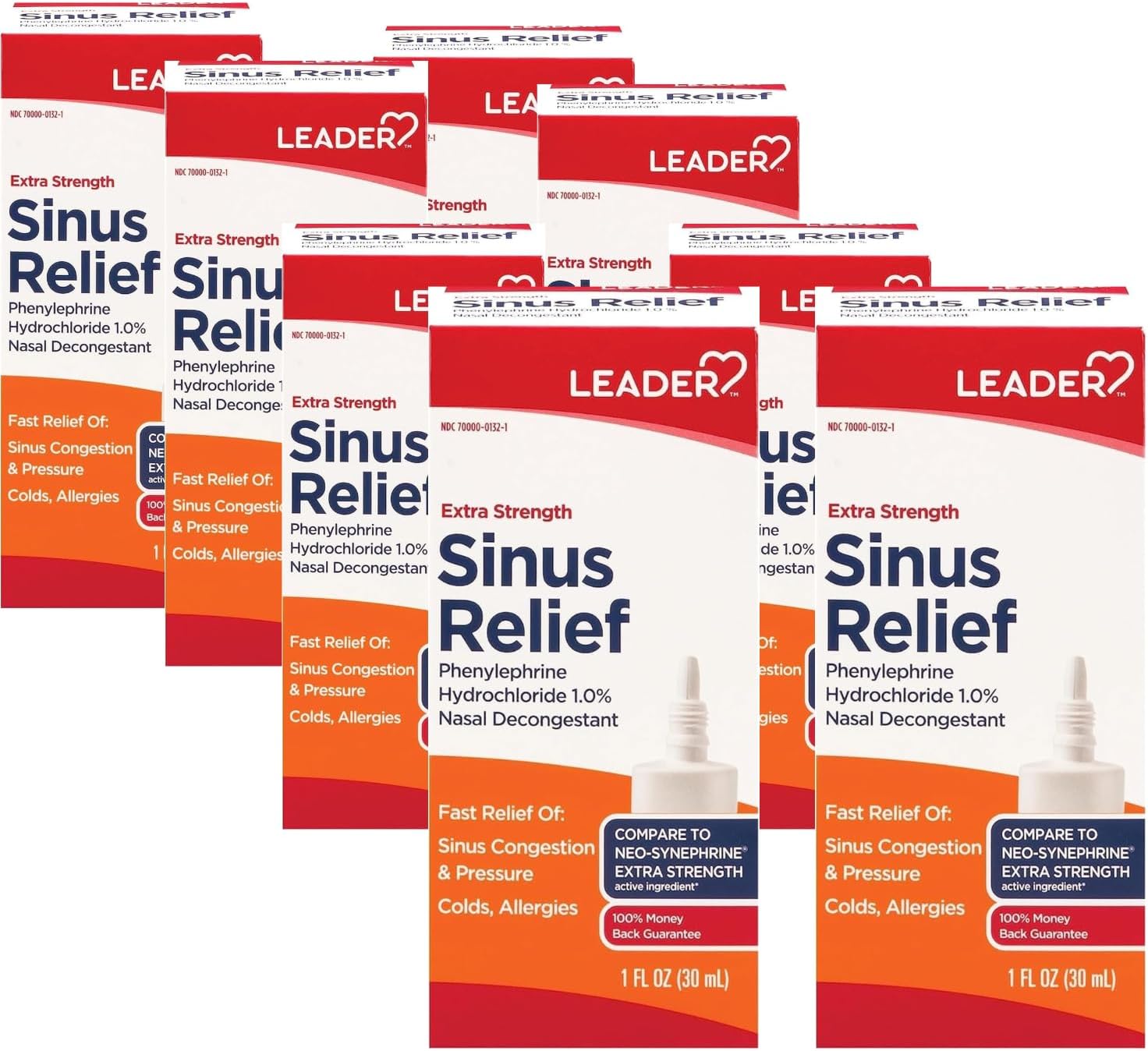 Leader Extra Strength Sinus Relief, Fast-Acting Nasal Decongestant, Sinus Congestion Relief Spray, Cold & Allergy 30 mL Bottle (Pack of 8)