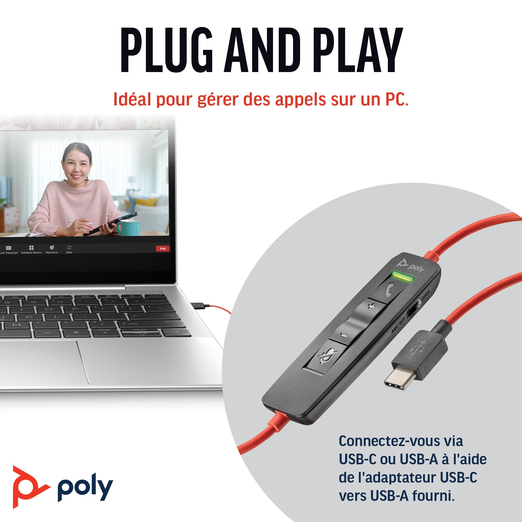 Micro-casque filaire haut de gamme Poly Blackwire 8225 – Annulation active du bruit – Son binaural hi-fi - Connexion à un PC/Mac - Fonctionne avec Teams, Zoom