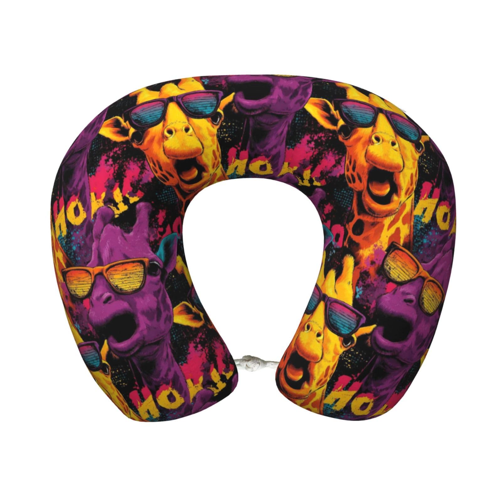 peiyeety Cool Giraffe Print Travel Pillow Memory Foam, Portable Neck Pillow for Airplane, Car and Office