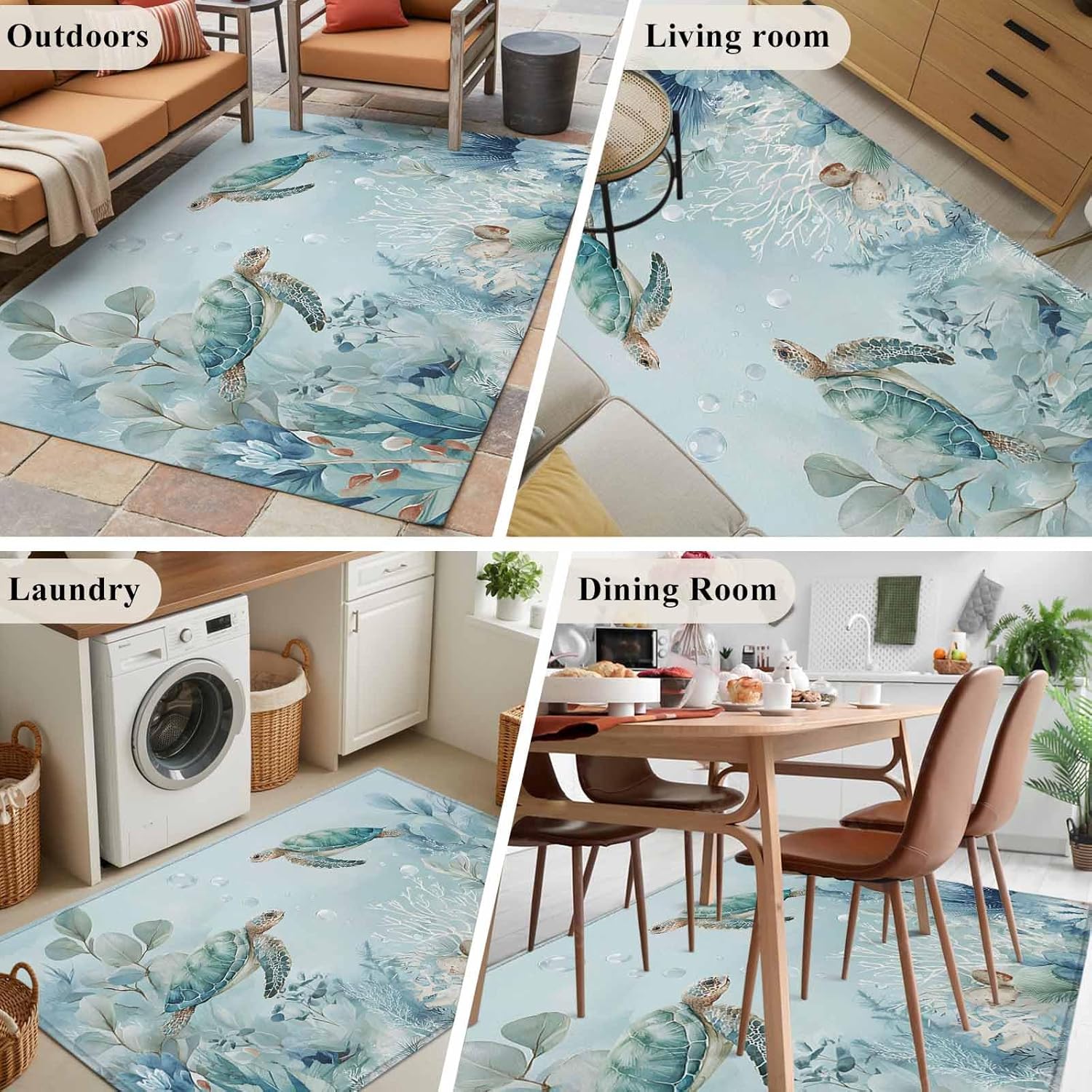 Teal Blue Coastal Kitchen Mats for Floor 3x5 Ft, Sea Turtle Summer Beach Non Slip Area Rugs for Kitchen Bedroom Entryway, Nautical Washable Carpet Runner Rug Floor Mats for Bedroom Home Decor