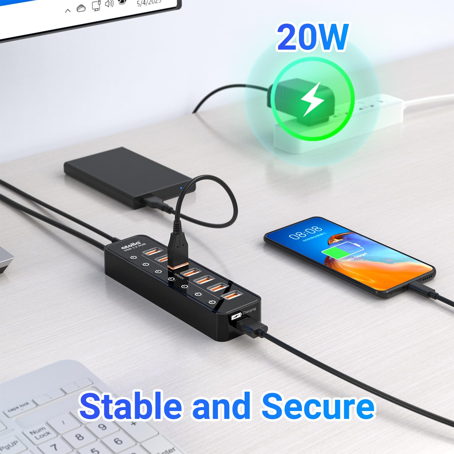 atolla - Concentrador USB 3.2 con 8 puertos USB 3.2/USB C, concentrador USB C alimentado con 7 puertos USB-A de 10 Gbps + 1 puerto de carga inteligente, interruptores de encendido/apagado individuales