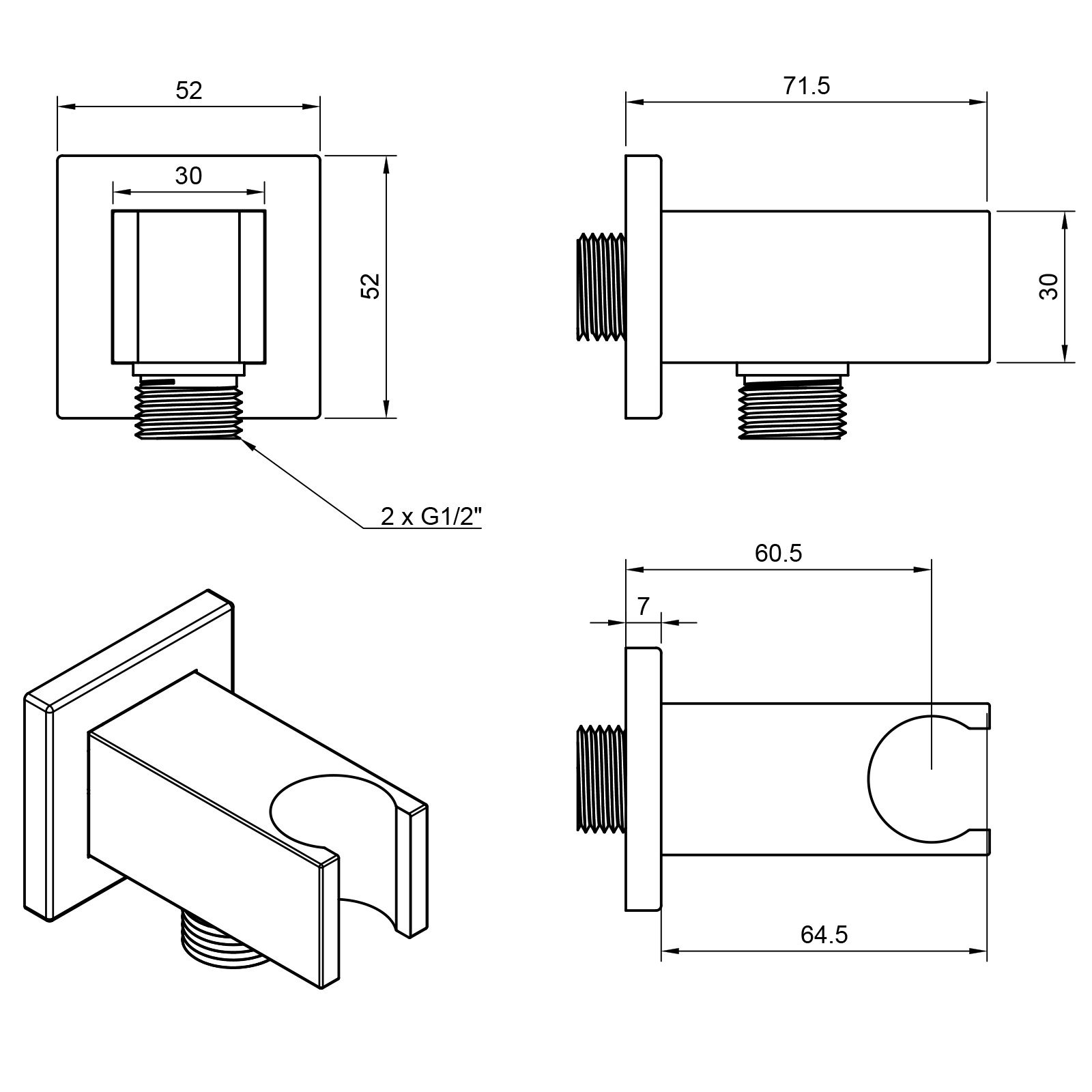 Conector de Pared con Soporte para Duchas de Mano, Cuadrado, Latón Macizo Cromado, Rosca 1/2 Pulgadas