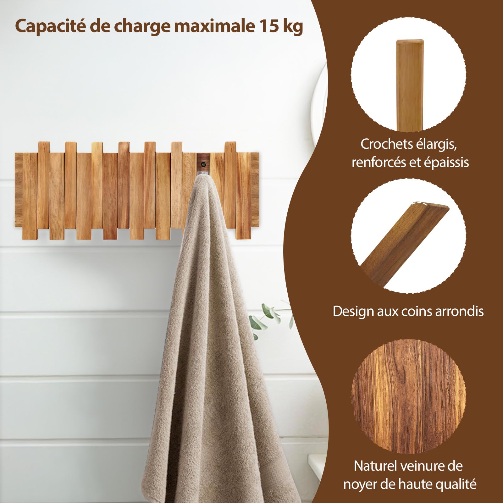 Crochets Pliables En Bois, Porte-Manteau Mural En Bois, Porte-Manteau Design Moderne, Étagère en boi avec 8 crochets, Convient Aux Couloirs, Salles De Bains Et Chambres (42,5 X 16 X 2,5 cm)