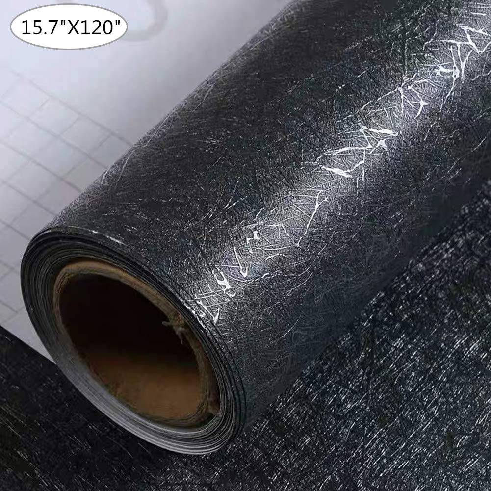 Yancorp 15.7"x120" Black Silk Wallpaper Embossed Paper Vinyl Film Self-Adhesive Shelf Liner Peel Stick Removable Kitchen Cabinet Backsplash Countertop (15.7"x120", Black)