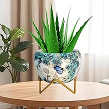 HOUSE DECORE Decorative Metal Planter, Floral Pattern, with Metal Stand, Metal Flower Pot, Blue and White,18 cm (White and Blue)