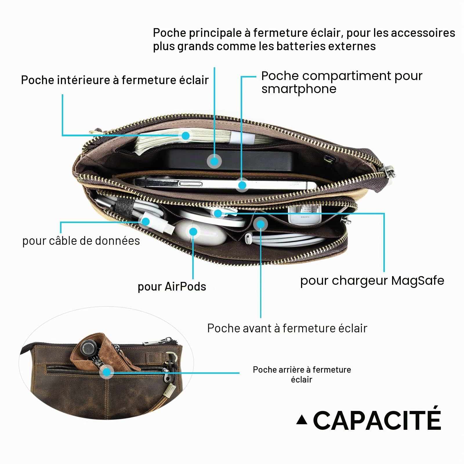 Contacts Embrayage de voyage pour hommes en cuir véritable avec sangle de main, RFID serrure de passeport sac marron, sac d'embrayage de téléphone de grande capacité pour hommes, Caffé1035