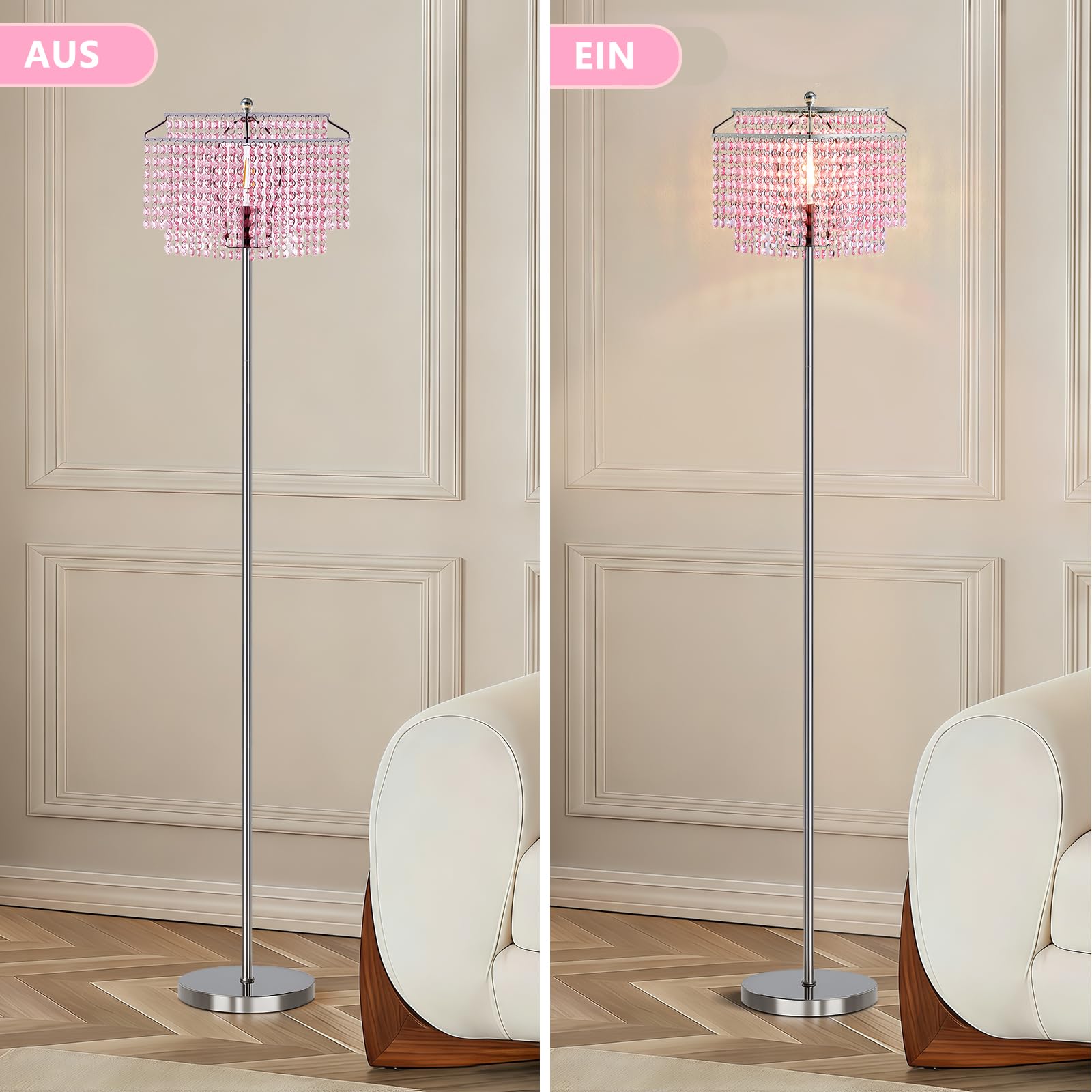 GyroVu Kristall Stehlampe Rosa, Moderne Stehleuchte mit Ein-/Ausschalter am Fuß, Hohe Floor Lamp mit doppellagigem Lampenschirm für Wohnzimmer, Schlafzimmer und Büro (Glühbirne enthalten)