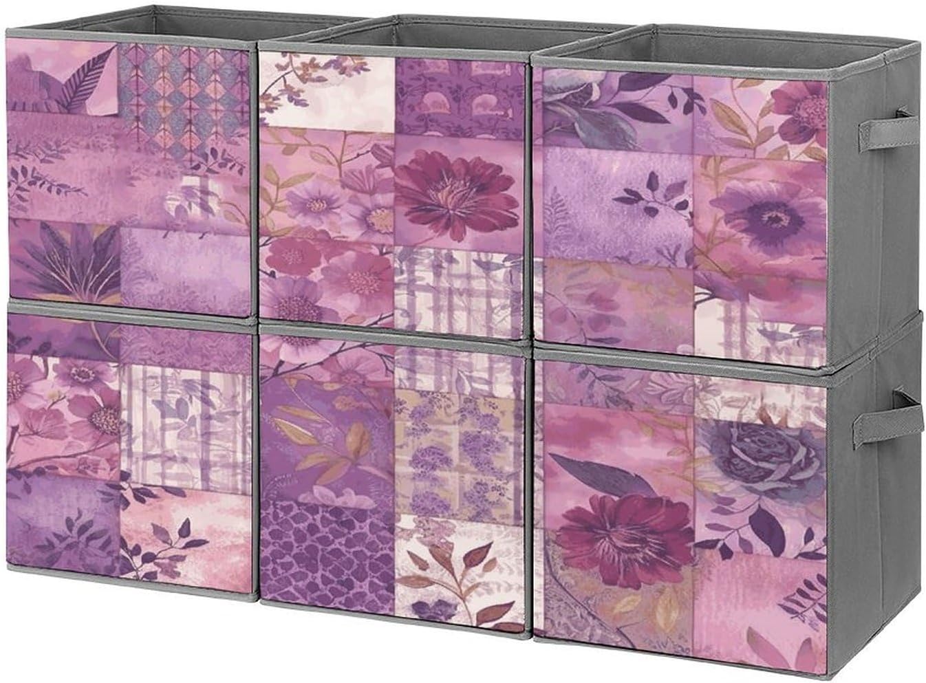 Purple Flowers Collage Storage Cubes Set of 6 Storage Bins with Handles Collapsible Storage Basket Fabric Storage Box for Shelves Large Closet Shelf Organizer for Organization 11 Inch
