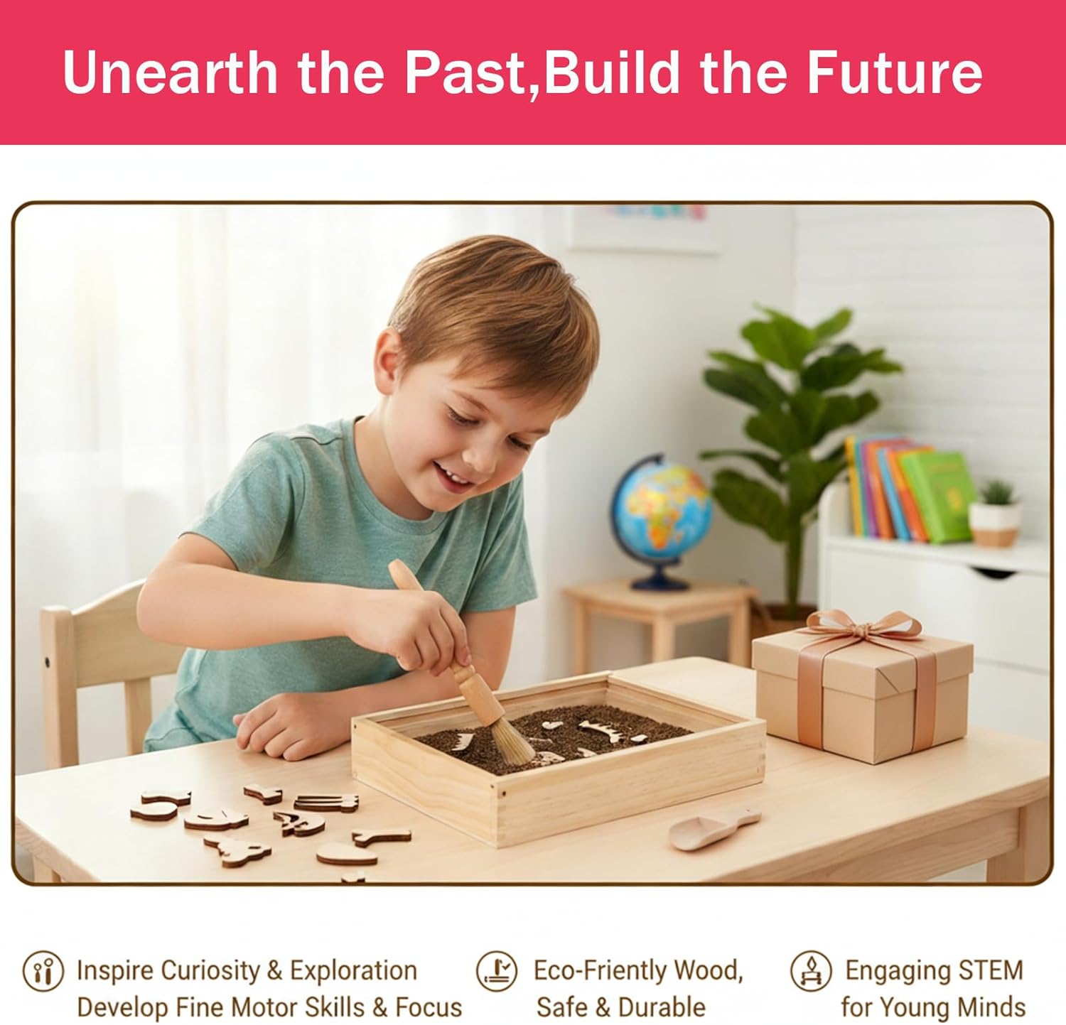 Dino Excavation Archaeology Dig Kit, Fossil Digging Kit for Kids, Dinosaur Skeletons Bones Puzzle Game with Wooden Storage Box, STEM Toys for Boys and Girls (Tyrannosaurus)