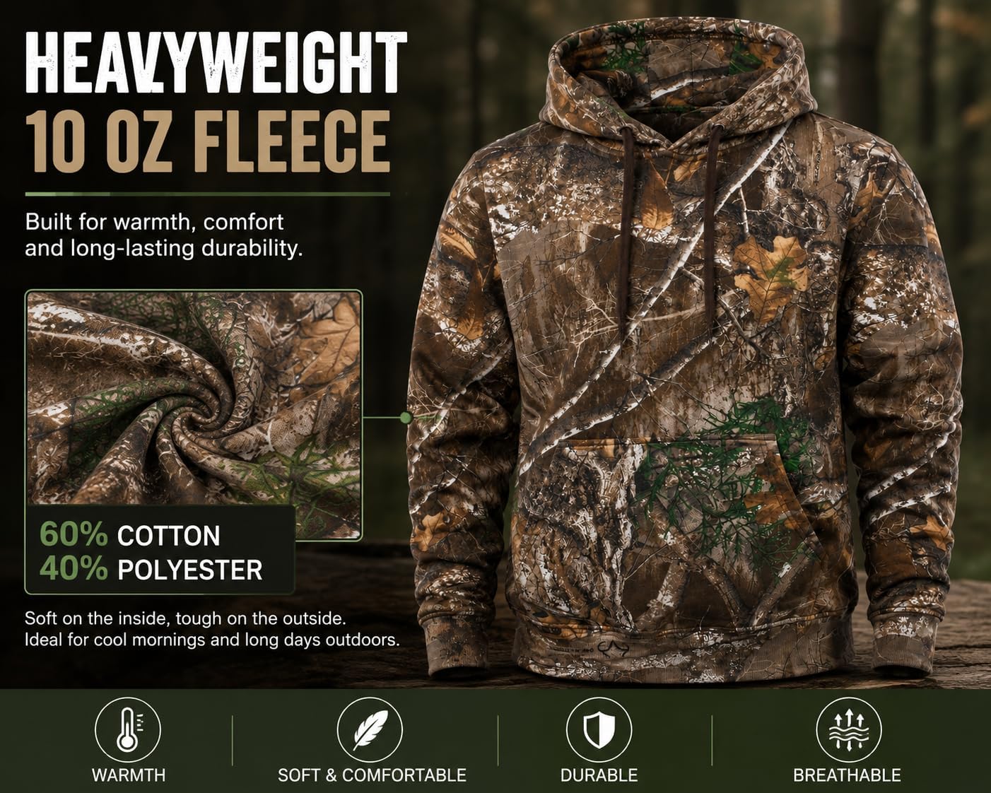 Men's Classic Hunting Cotton/Poly Blend RT EDGE Camo Pullover Hoodie image 3