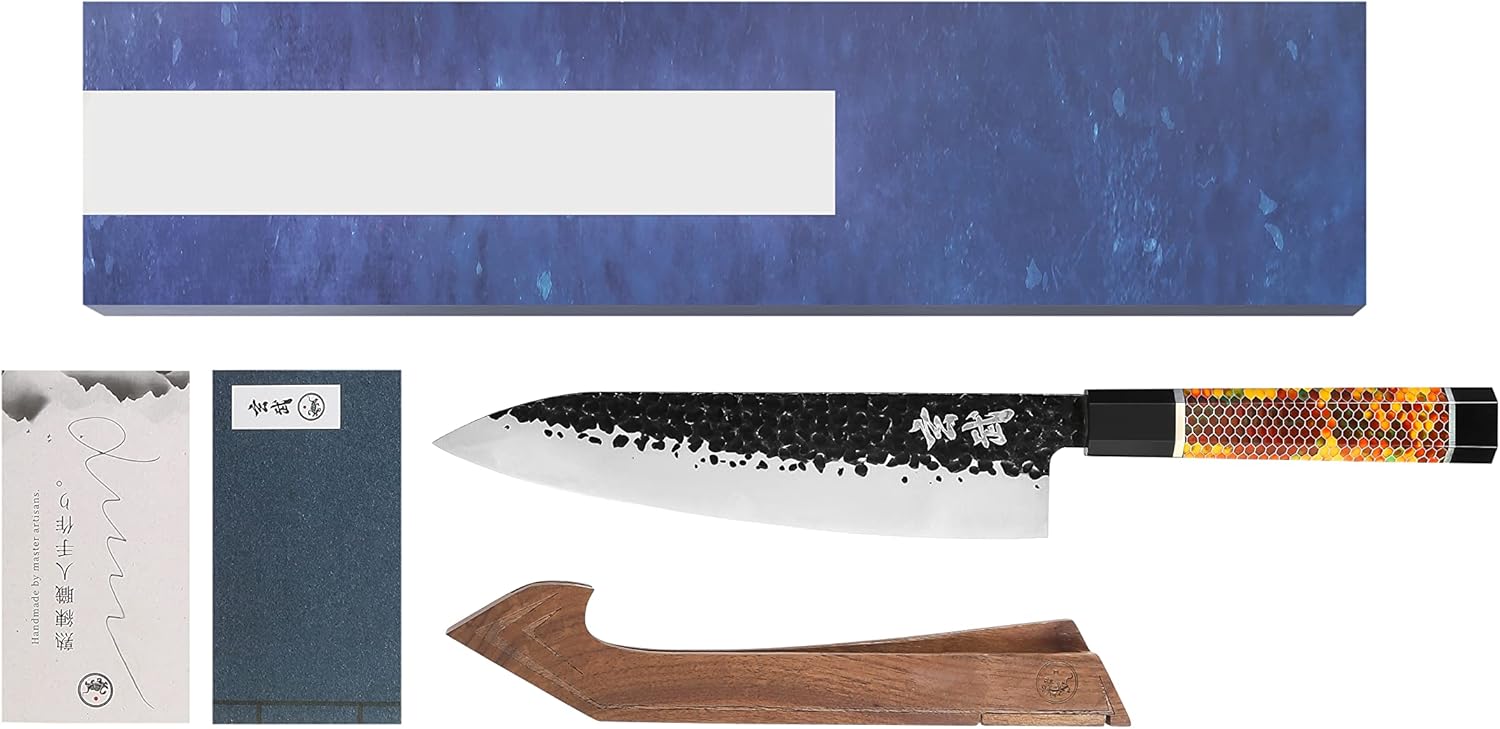 Concord Genbu Traditional Japanese Chef's Knife Raw Hammered Double Beveled 9CR18MOV Blade w/ 60 HRC. Tortoise Shell Resin Handle. Comes with Magnetic Magnolia Wood Sheath with Stand. (7" Santoku)